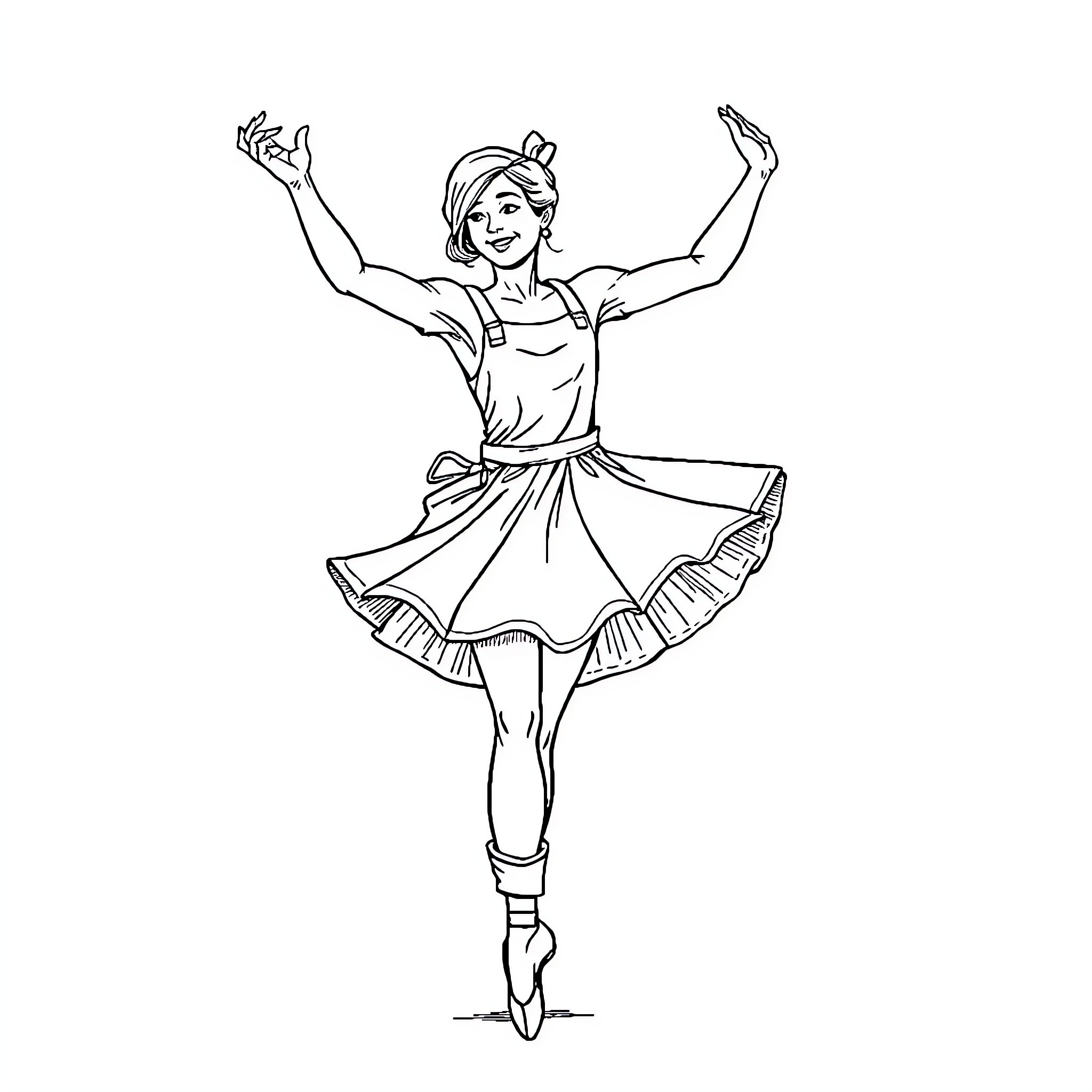 Ballerina performing graceful dance moves Coloring Page (free black-and-white line drawing printable PDF for all, from beginners to advanced learners, including children, teens, adults, and seniors)