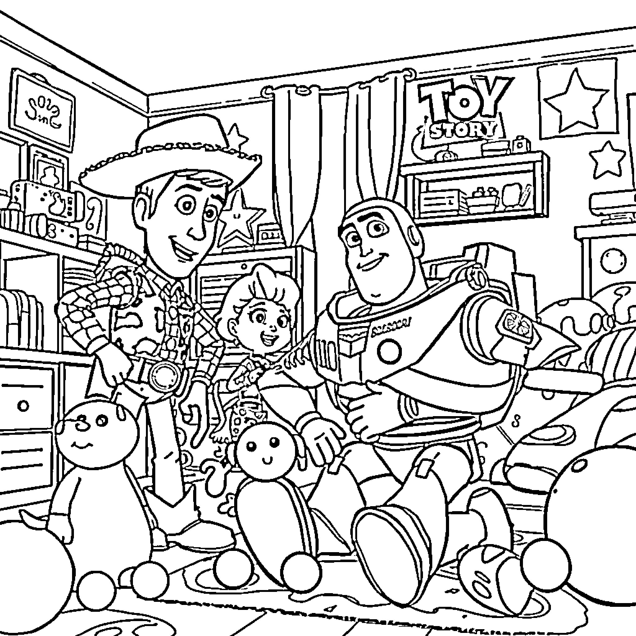 Toy characters gathered in a playful scene Coloring Page (free black-and-white line drawing printable PDF for all, from beginners to advanced learners, including children, teens, adults, and seniors)