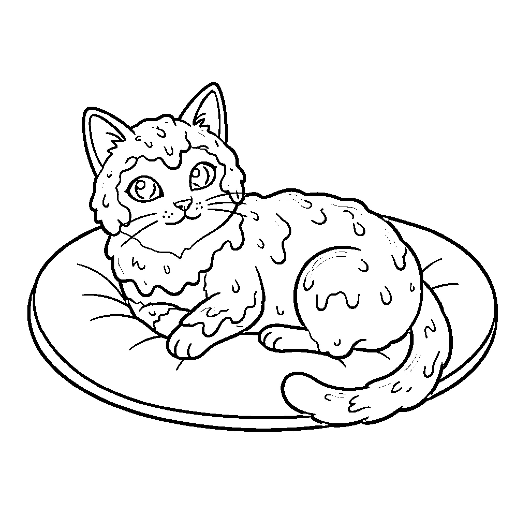 Guacamole Cat lounging on a plate Coloring Page (free black-and-white line drawing printable PDF for all, from beginners to advanced learners, including children, teens, adults, and seniors)