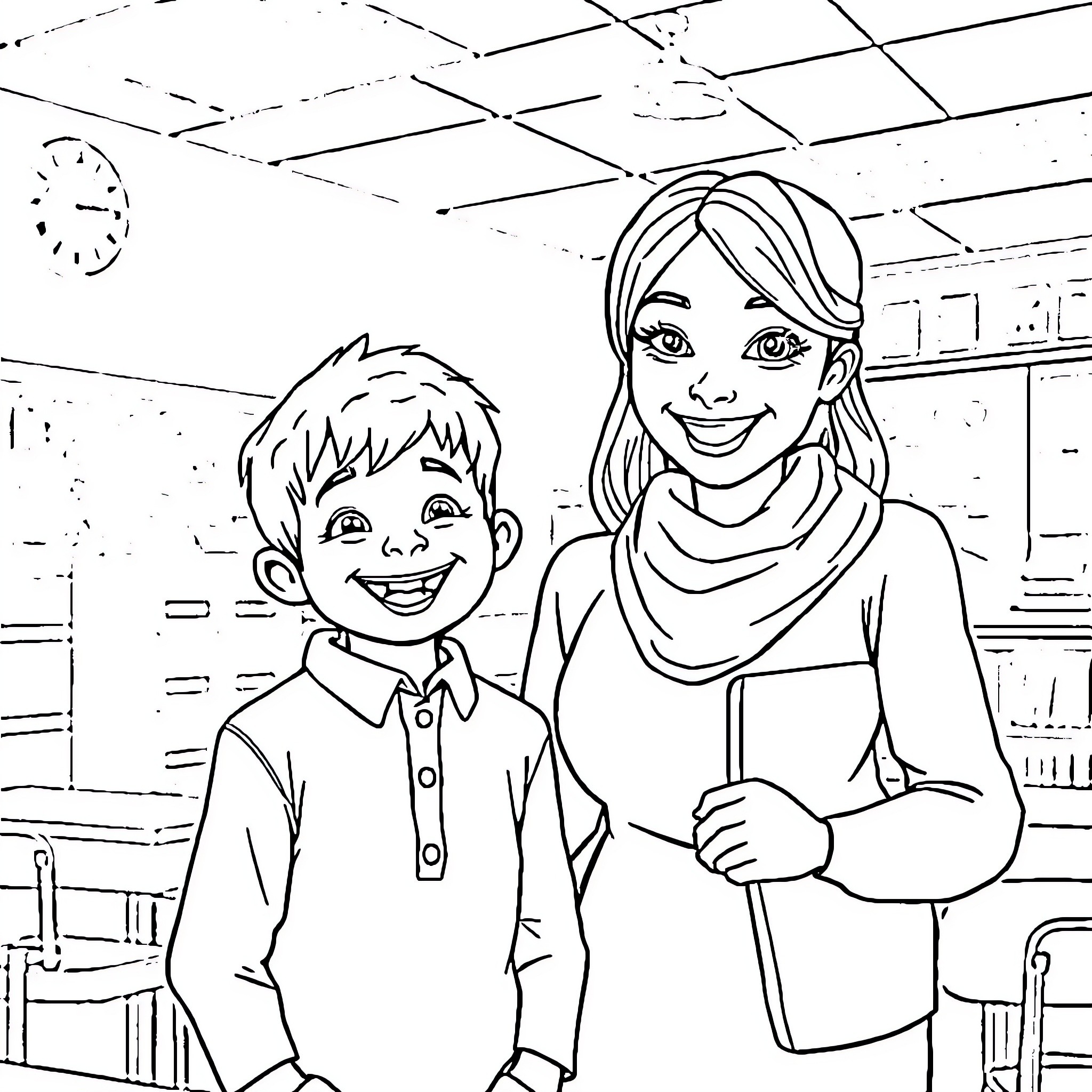 Son and mother bonding in school setting Coloring Page (free black-and-white line drawing printable PDF for all, from beginners to advanced learners, including children, teens, adults, and seniors)