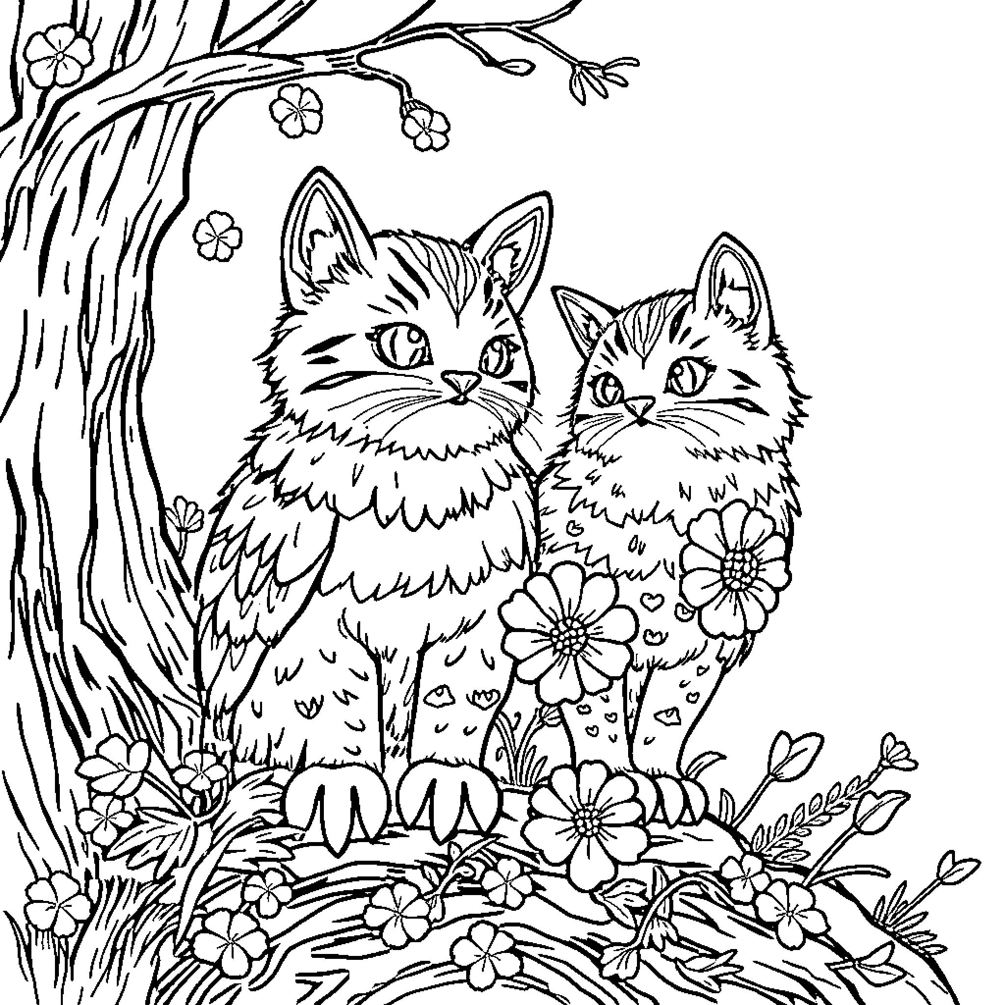 Ducks admiring flowers in a whimsical nature scene Coloring Page (free black-and-white line drawing printable PDF for all, from beginners to advanced learners, including children, teens, adults, and seniors)