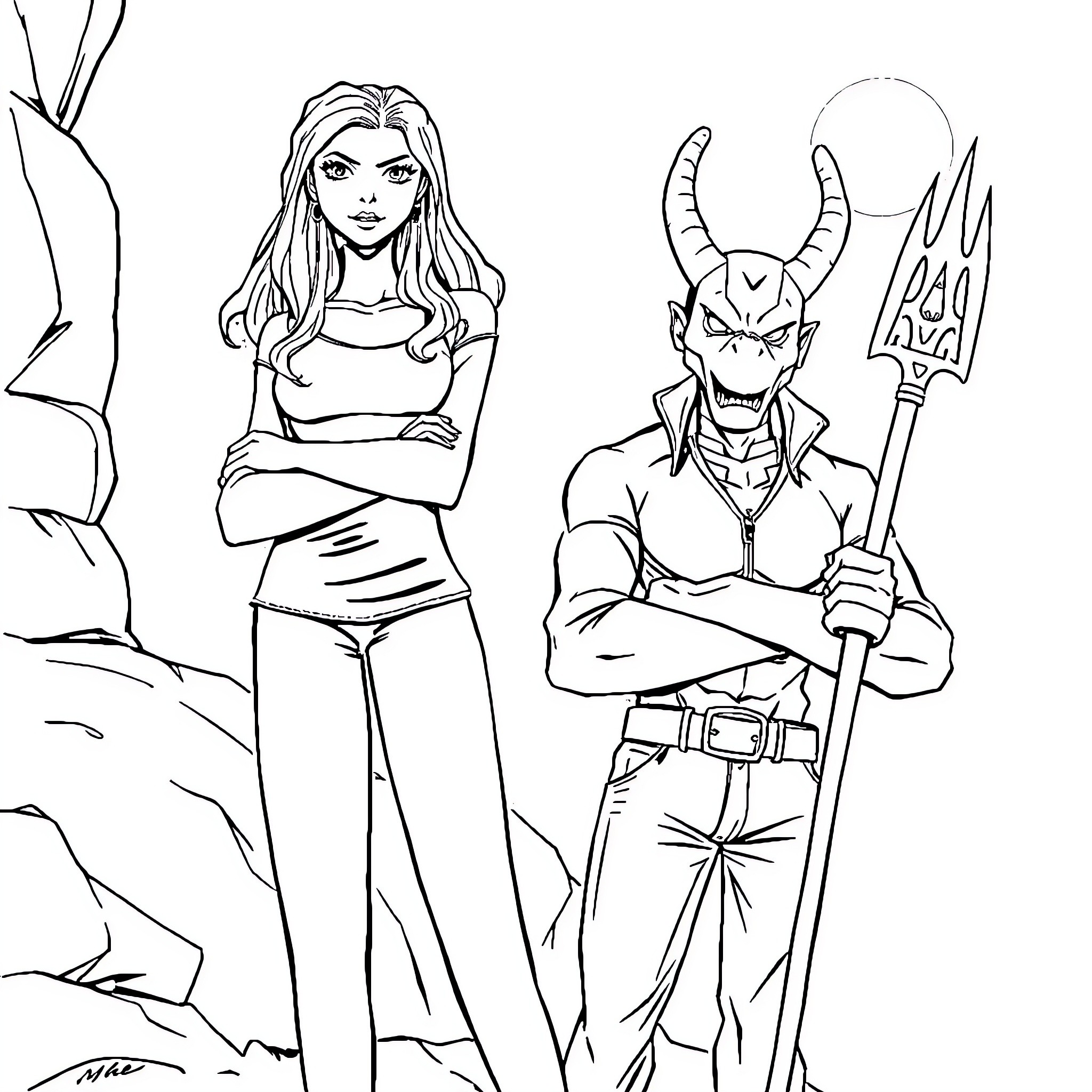 Buffy and the Demon in the Underworld Coloring Page (free black-and-white line drawing printable PDF for all, from beginners to advanced learners, including children, teens, adults, and seniors)