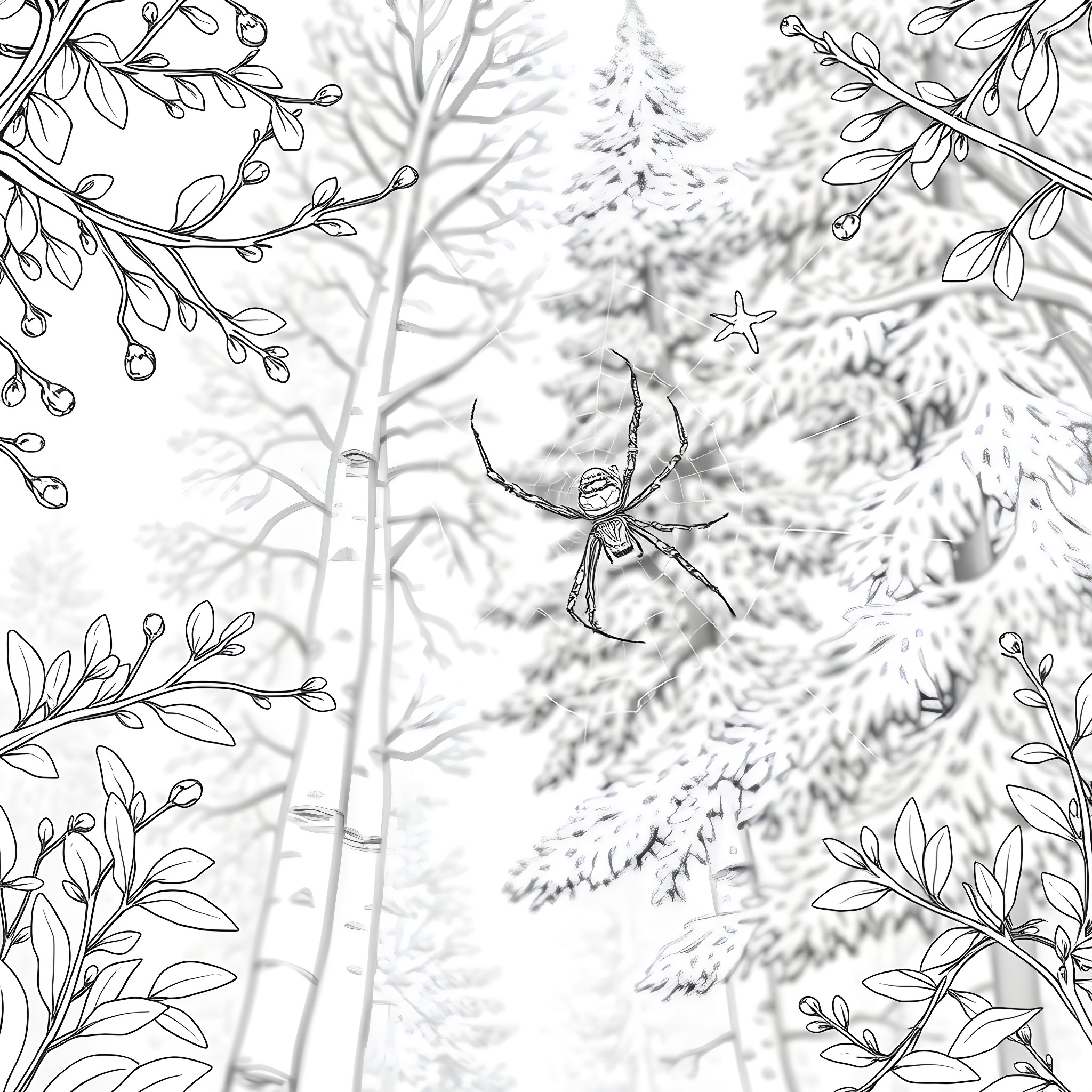 Webbing Spider Caught in Snowy Forest Coloring Page (free black-and-white line drawing printable PDF for all, from beginners to advanced learners, including children, teens, adults, and seniors)