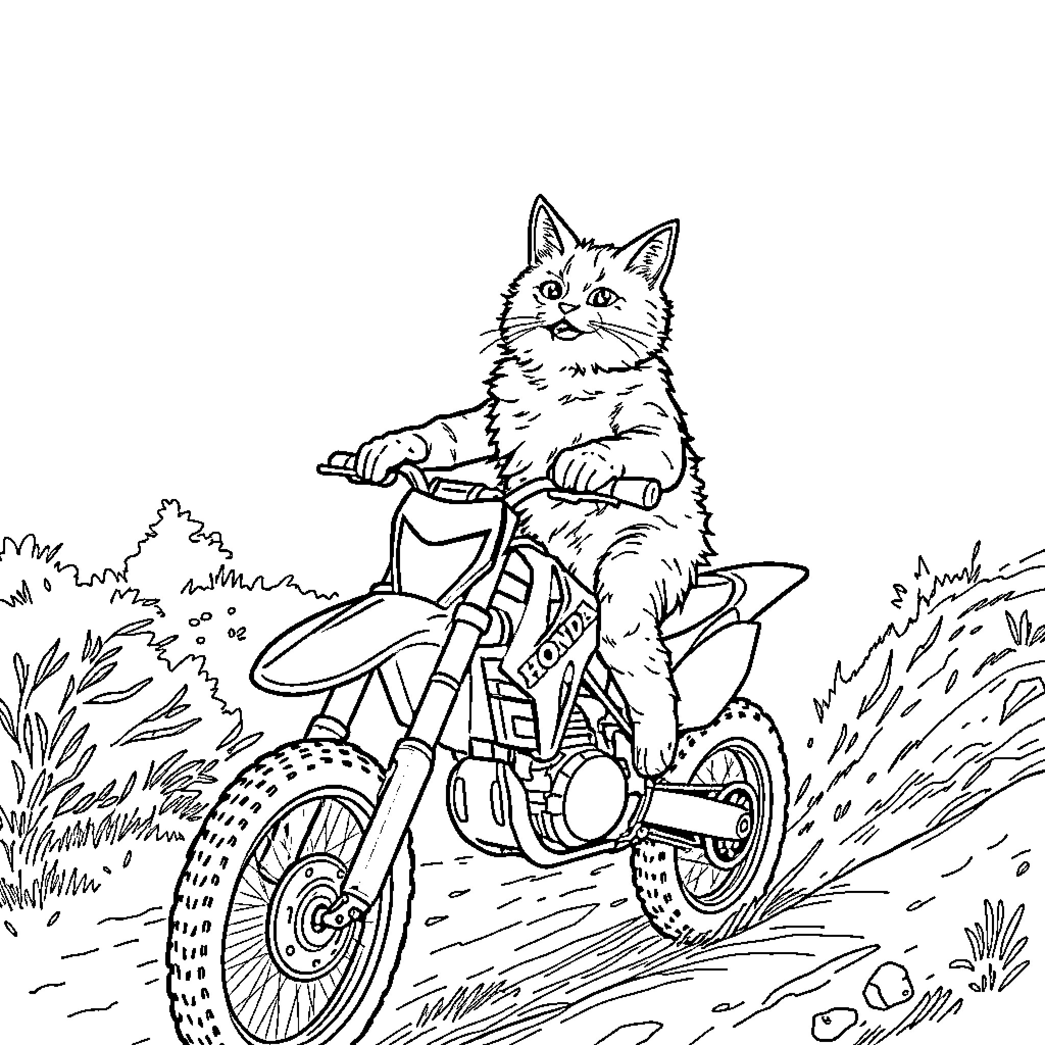 Cat riding a dirt bike on a trail Coloring Page (free black-and-white line drawing printable PDF for all, from beginners to advanced learners, including children, teens, adults, and seniors)