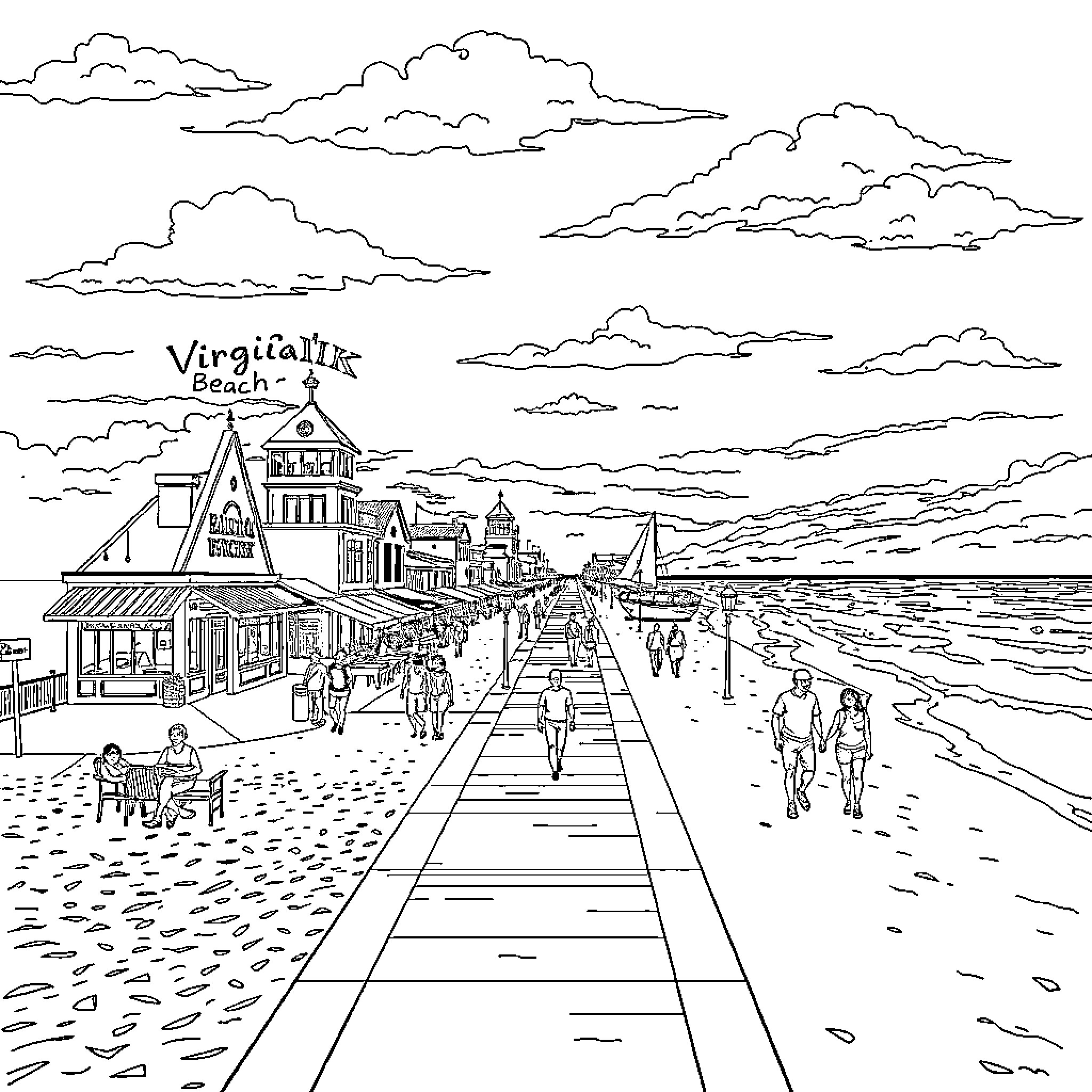 Boardwalk scene with beachgoers, shops, and landmarks Coloring Page (free black-and-white line drawing printable PDF for all, from beginners to advanced learners, including children, teens, adults, and seniors)