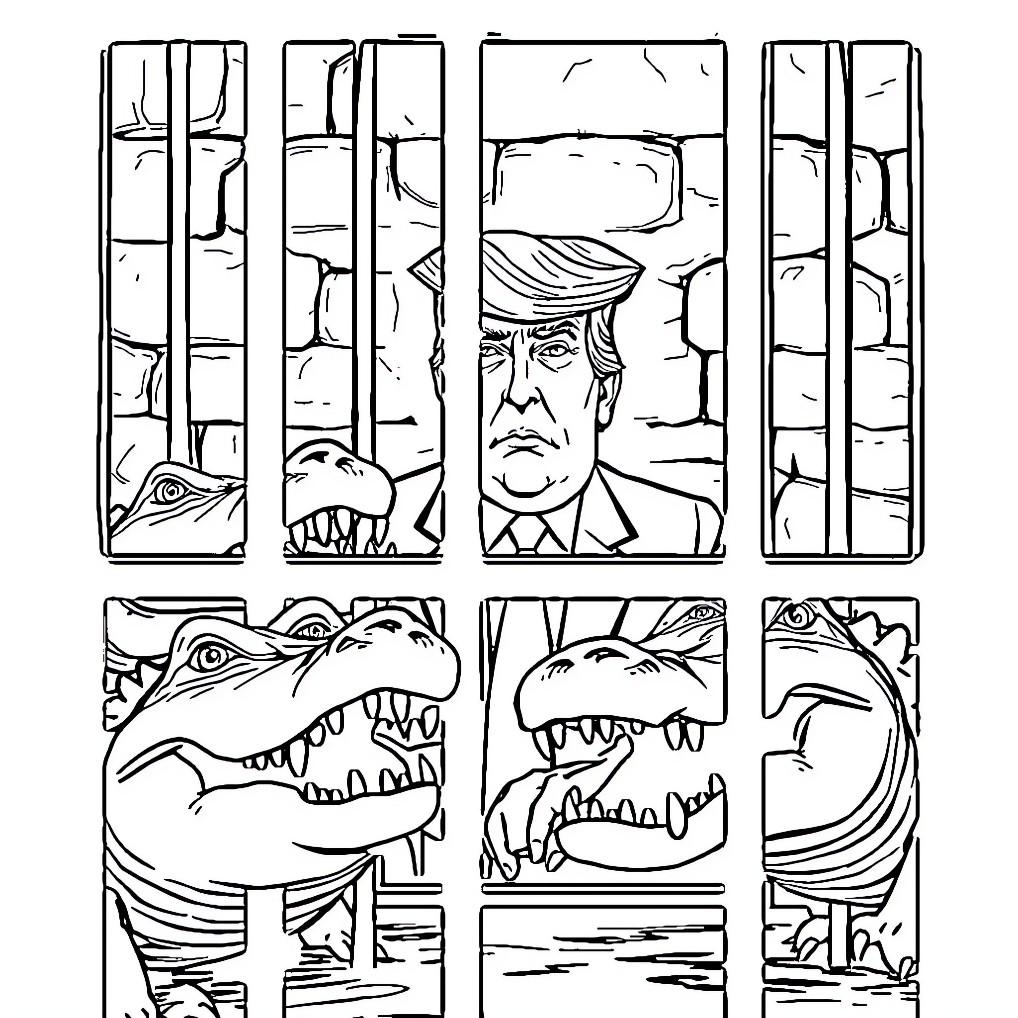 Donald Trump surrounded by dangerous animals in jail Coloring Page (free black-and-white line drawing printable PDF for all, from beginners to advanced learners, including children, teens, adults, and seniors)