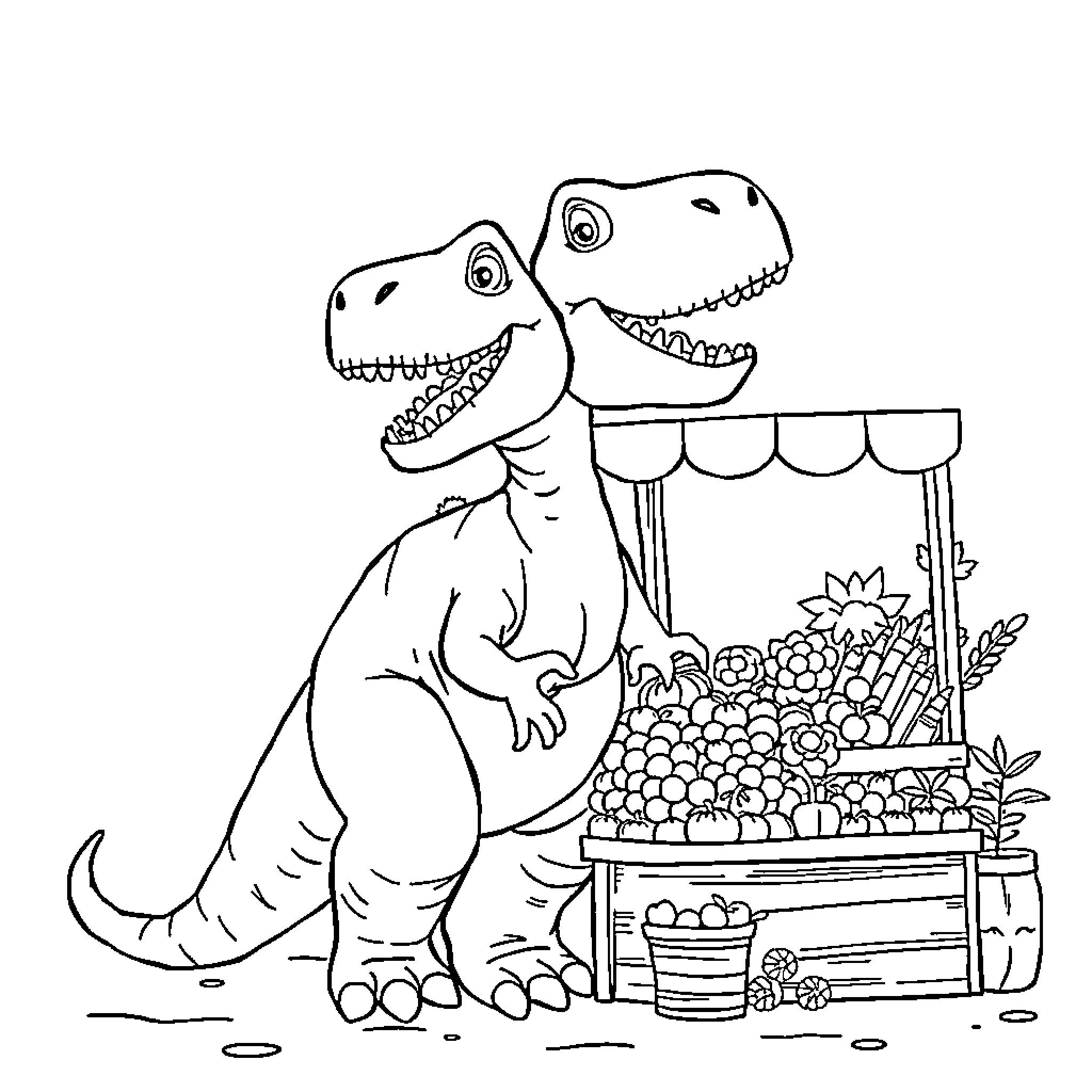 Allosaurus operating a produce stand Coloring Page (free black-and-white line drawing printable PDF for all, from beginners to advanced learners, including children, teens, adults, and seniors)