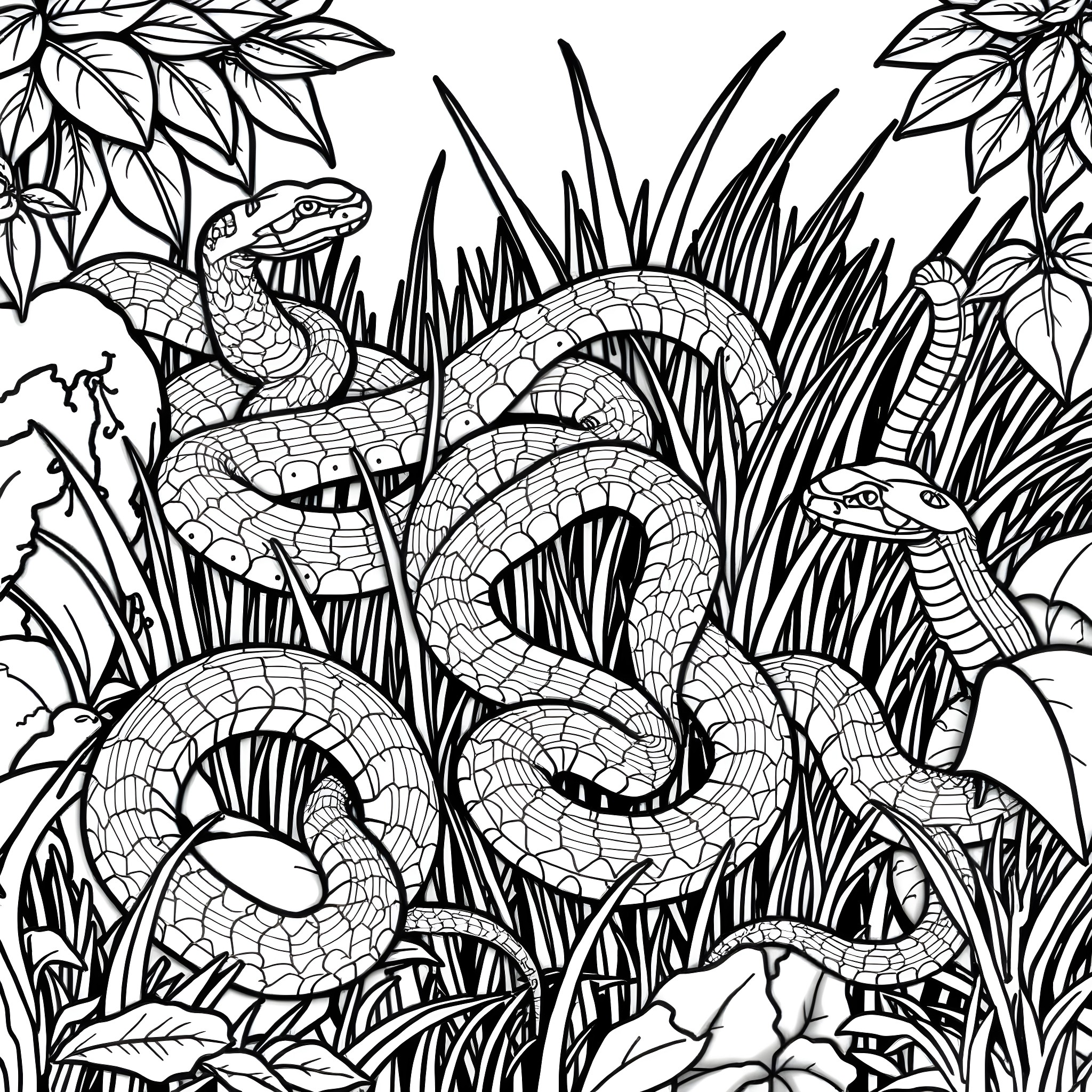 Snake slithering in the lush jungle Coloring Page (free black-and-white line drawing printable PDF for all, from beginners to advanced learners, including children, teens, adults, and seniors)