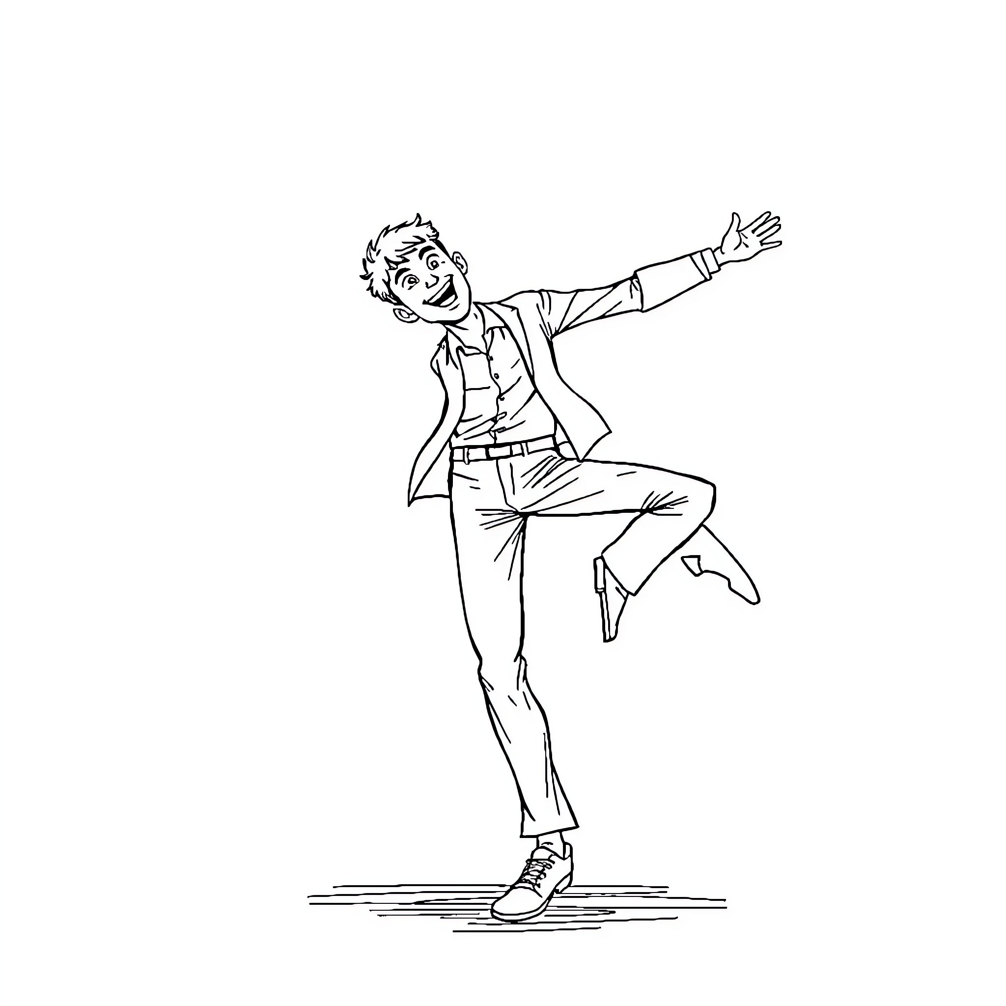 Man joyfully dancing with arms raised Coloring Page (free black-and-white line drawing printable PDF for all, from beginners to advanced learners, including children, teens, adults, and seniors)