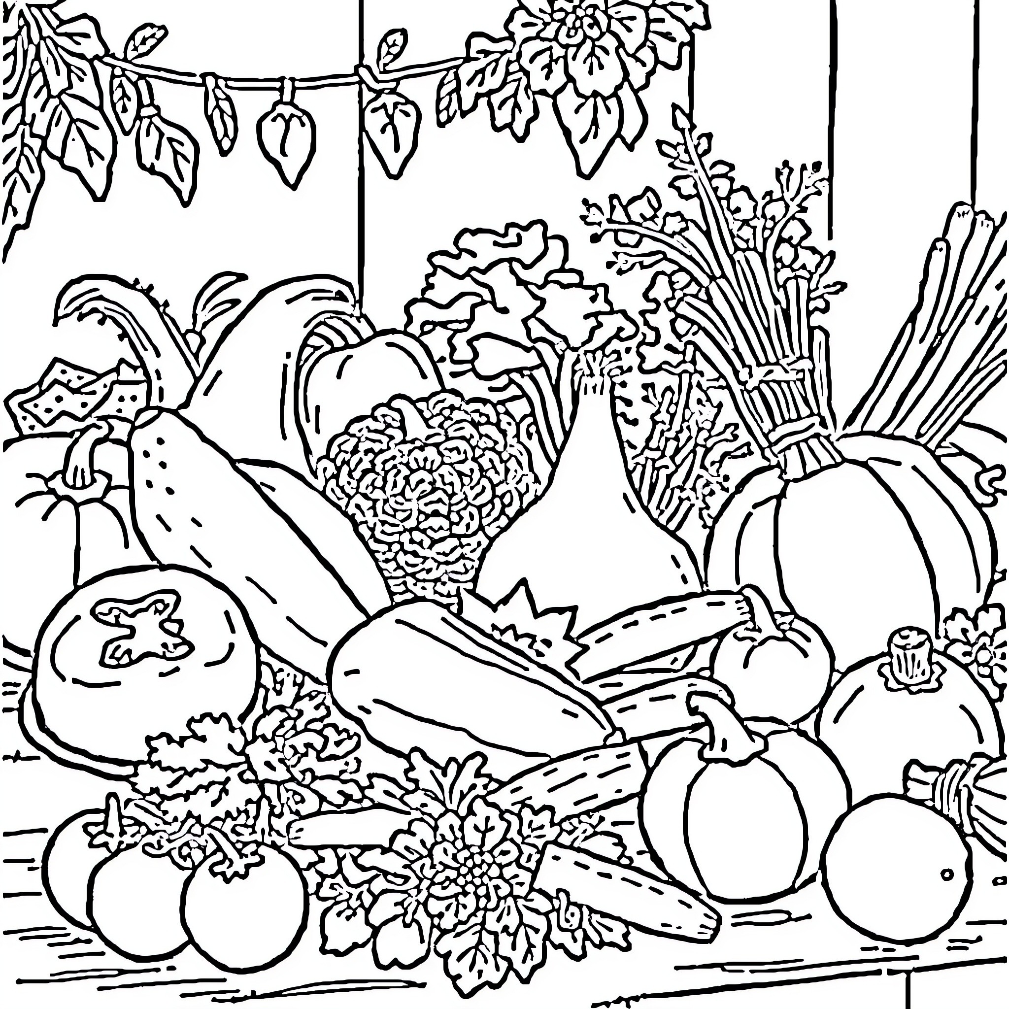 Vegetable Still Life with Floral Decoration Coloring Page (free black-and-white line drawing printable PDF for all, from beginners to advanced learners, including children, teens, adults, and seniors)