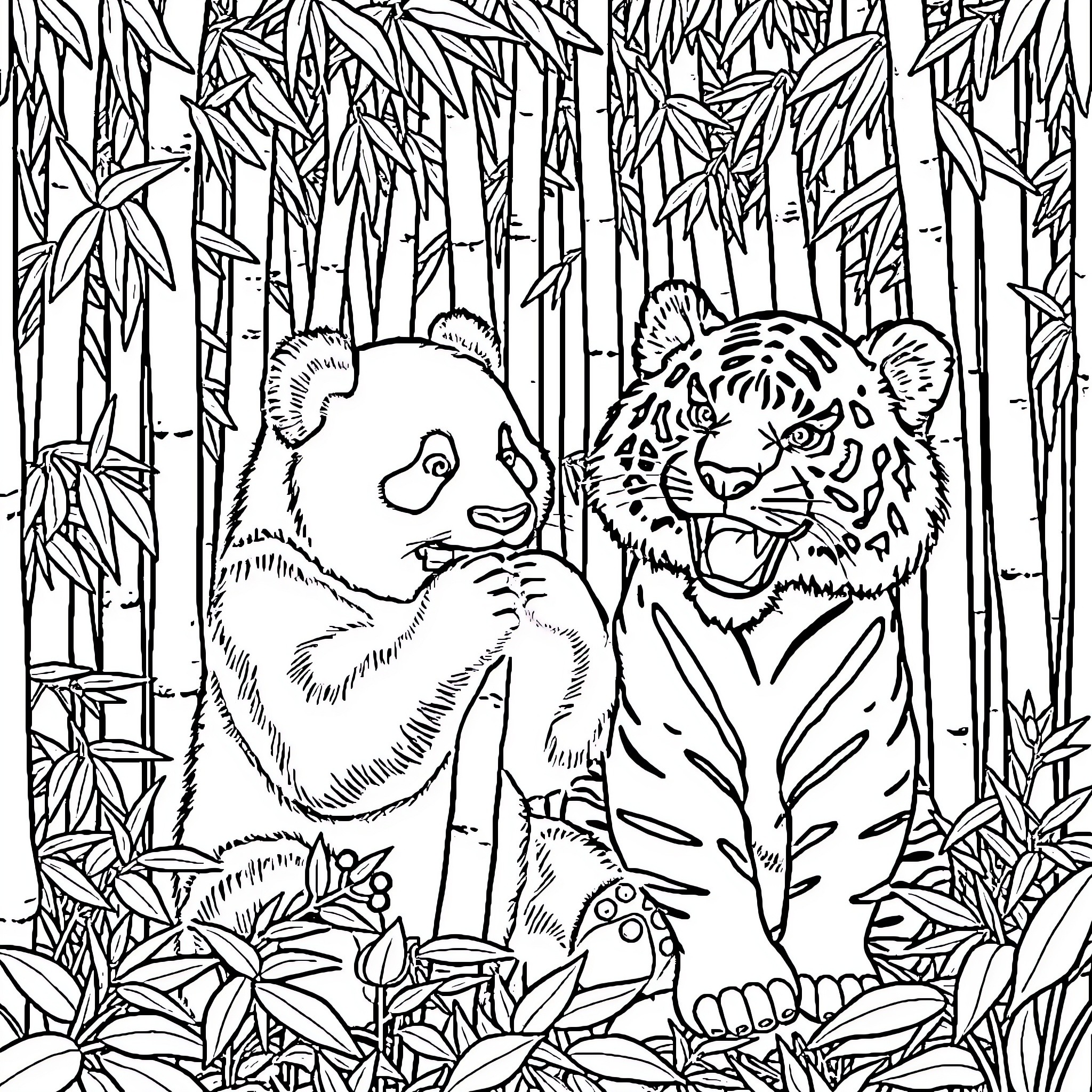 Panda and Tiger in Bamboo Forest Coloring Page (free black-and-white line drawing printable PDF for all, from beginners to advanced learners, including children, teens, adults, and seniors)