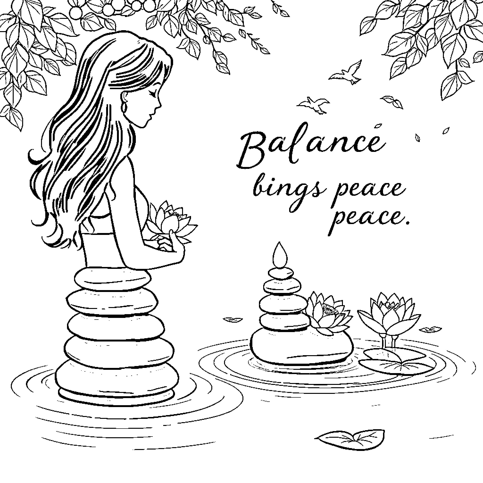 Woman seeking balance and peace in nature Coloring Page (free black-and-white line drawing printable PDF for all, from beginners to advanced learners, including children, teens, adults, and seniors)