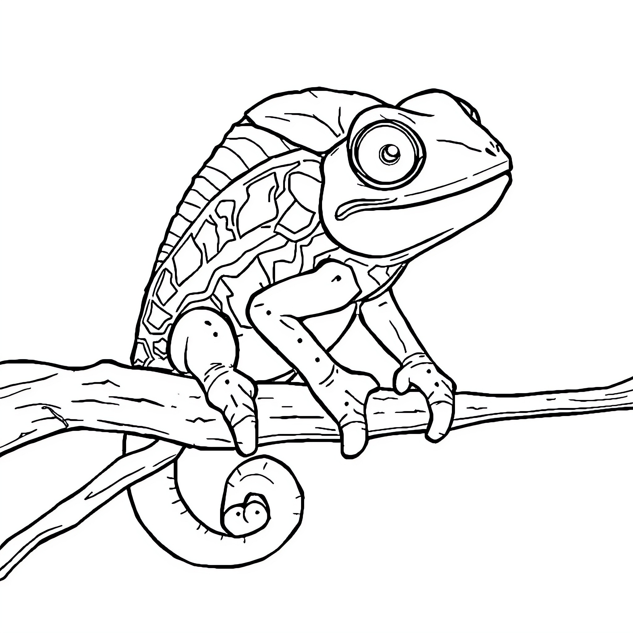 Pascal the Curious Chameleon Coloring Page (free black-and-white line drawing printable PDF for all, from beginners to advanced learners, including children, teens, adults, and seniors)