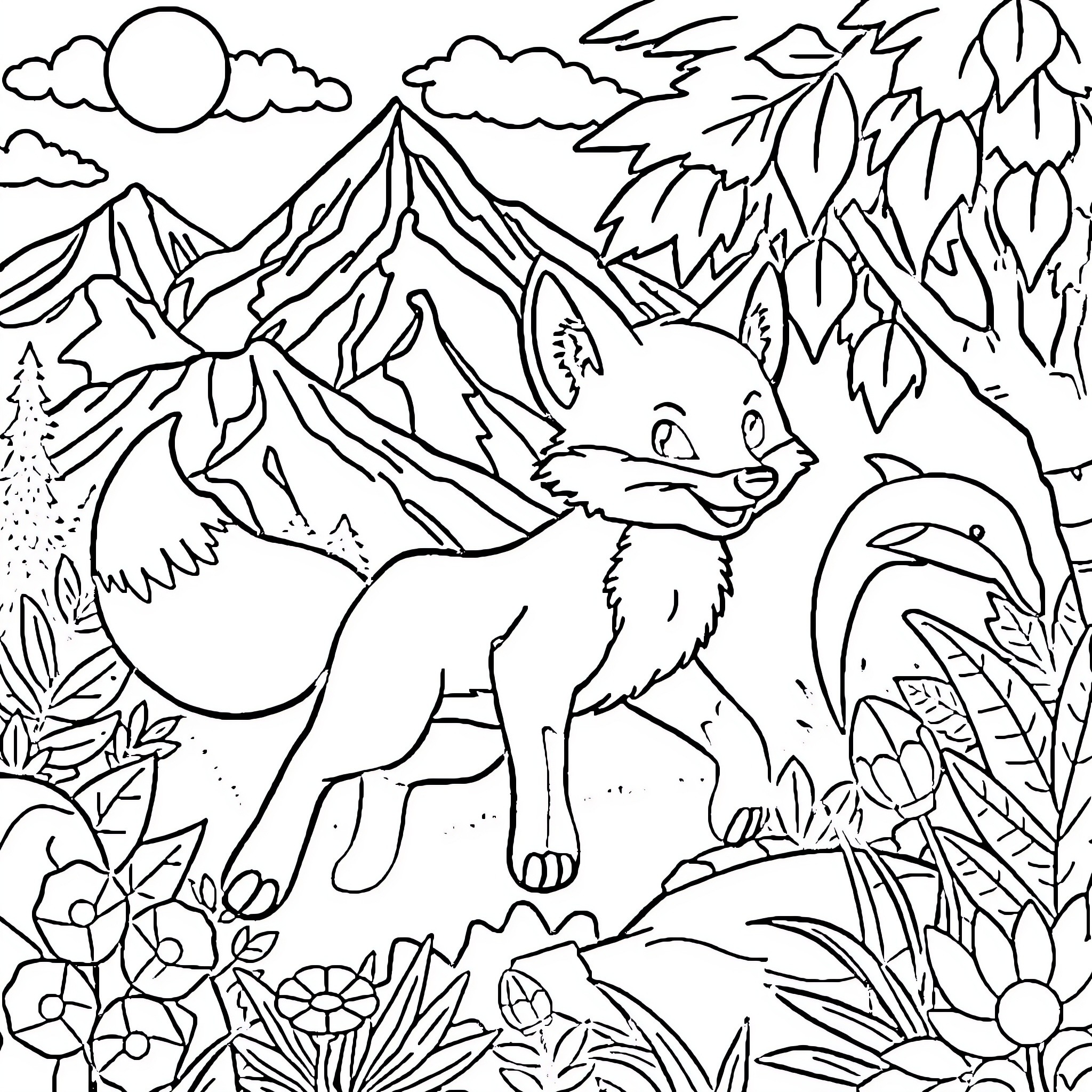 Animal in a Mountain Landscape Coloring Page (free black-and-white line drawing printable PDF for all, from beginners to advanced learners, including children, teens, adults, and seniors)