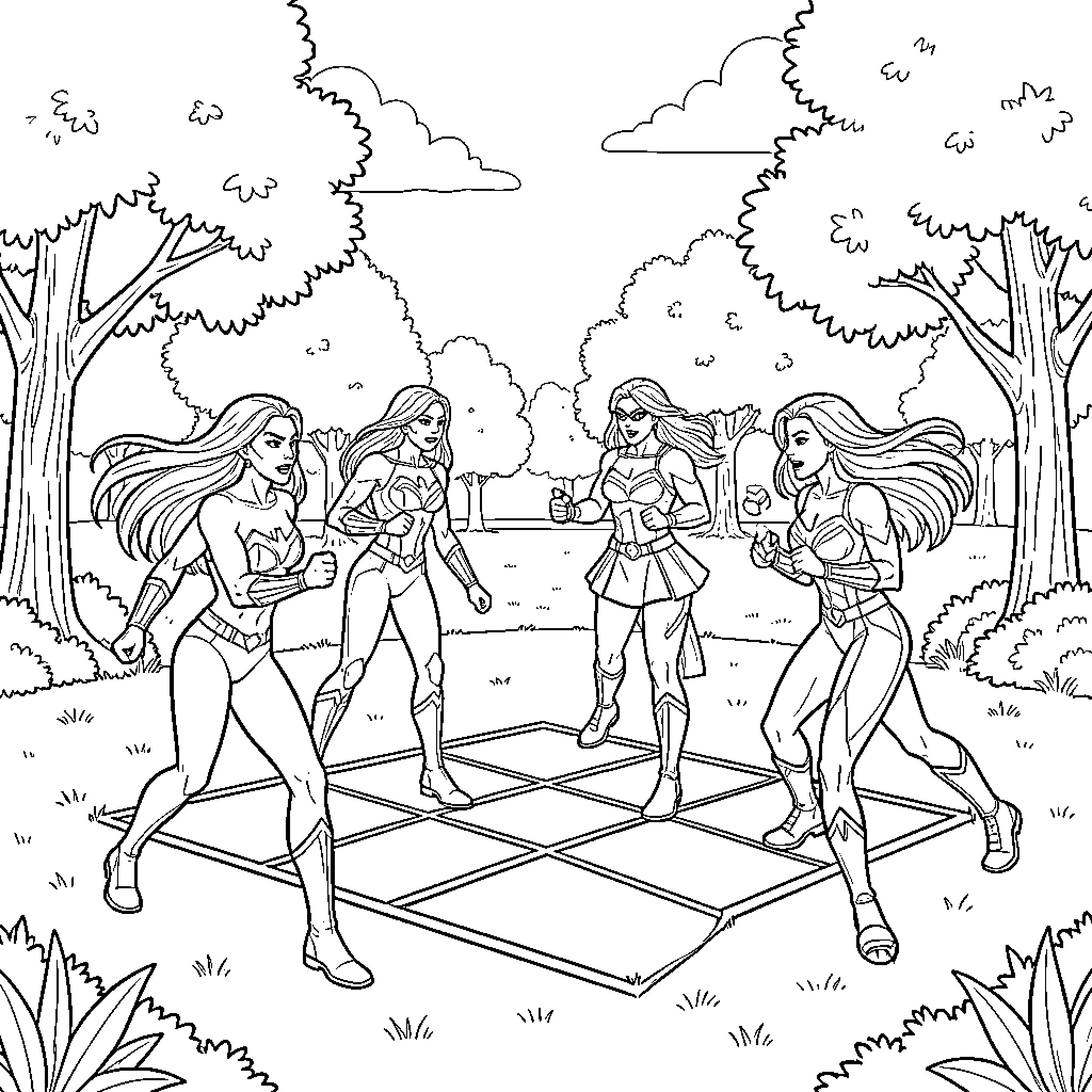 Marvel Women standing confidently in a forest setting Coloring Page (free black-and-white line drawing printable PDF for all, from beginners to advanced learners, including children, teens, adults, and seniors)
