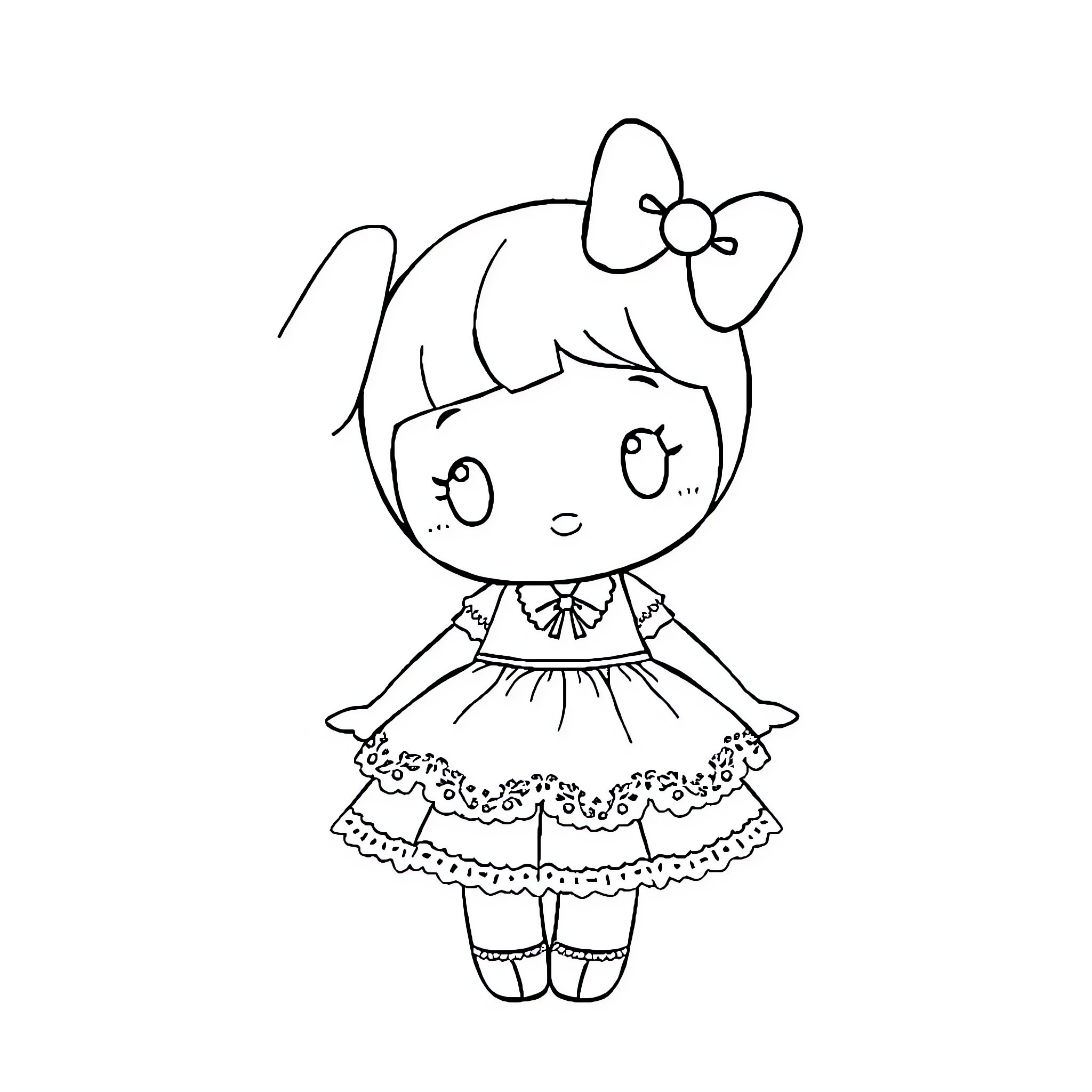 My Melody: Adorable Girl in Frilly Dress Coloring Page (free black-and-white line drawing printable PDF for all, from beginners to advanced learners, including children, teens, adults, and seniors)
