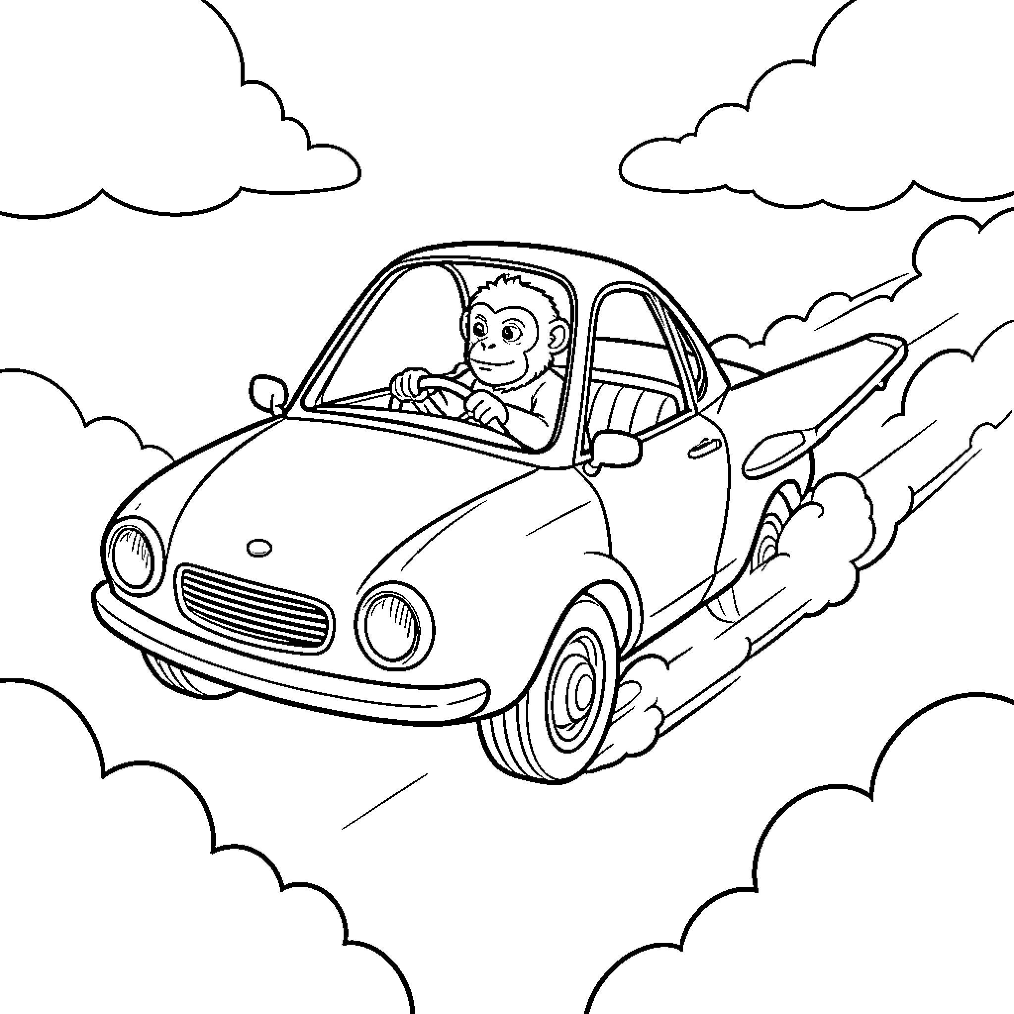 Flying Car driven by a happy monkey in the clouds Coloring Page (free black-and-white line drawing printable PDF for all, from beginners to advanced learners, including children, teens, adults, and seniors)