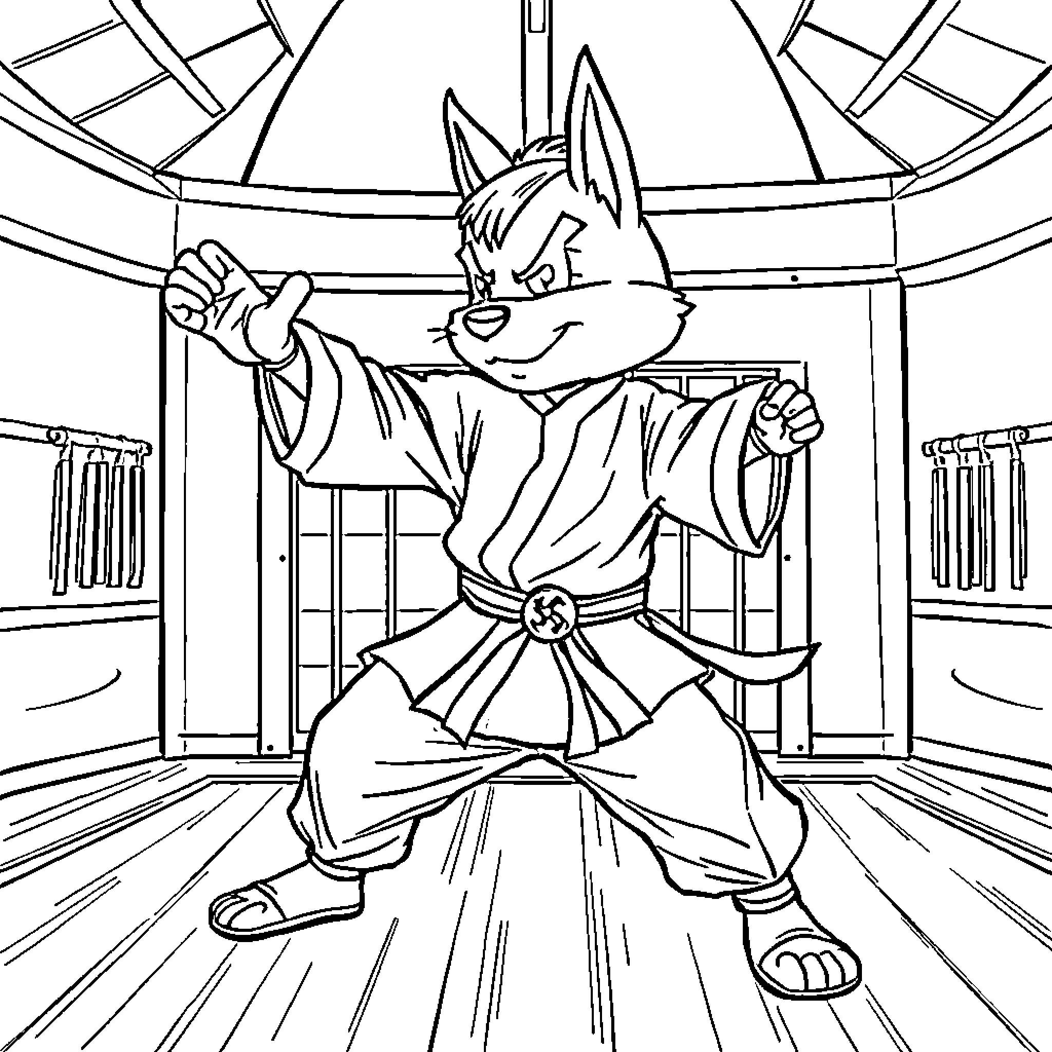Huntrix in Martial Arts Action Pose Coloring Page (free black-and-white line drawing printable PDF for all, from beginners to advanced learners, including children, teens, adults, and seniors)
