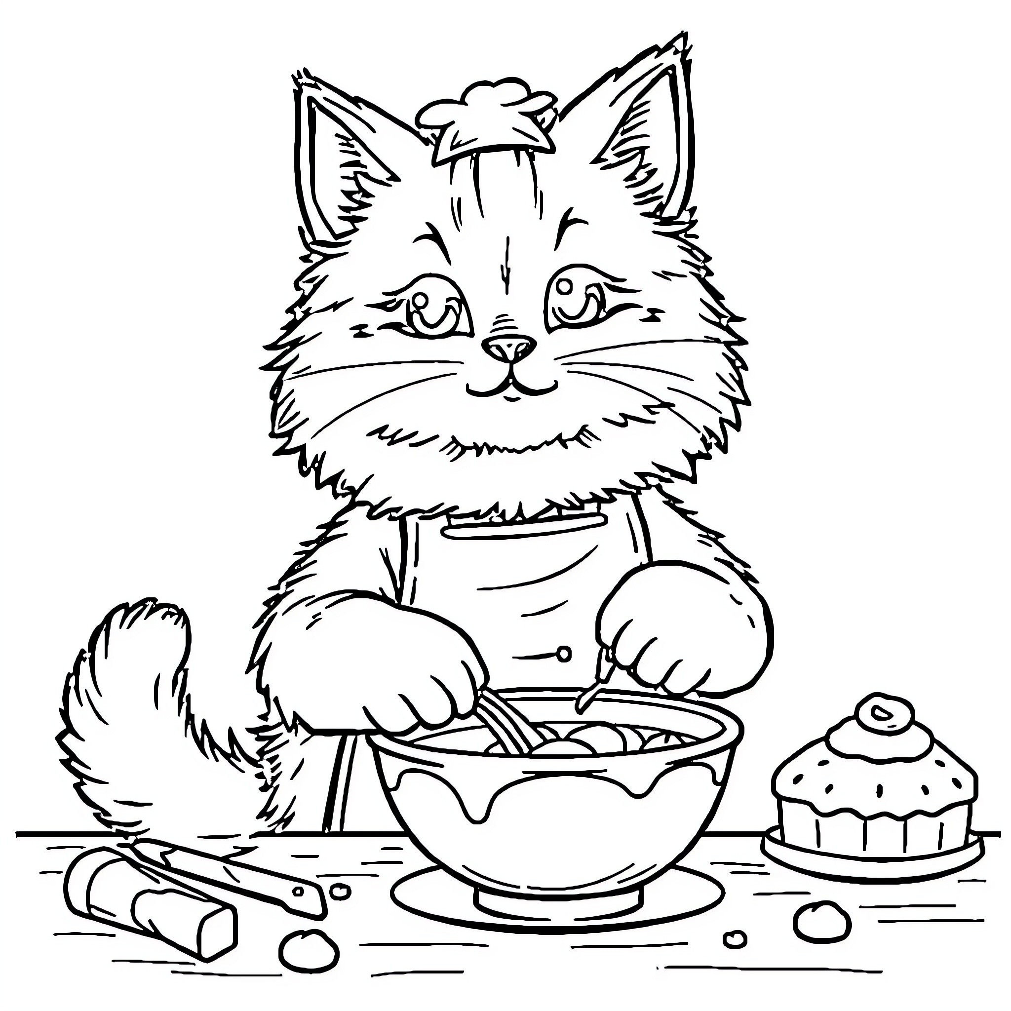 Cat chef prepares a meal in the kitchen Coloring Page (free black-and-white line drawing printable PDF for all, from beginners to advanced learners, including children, teens, adults, and seniors)