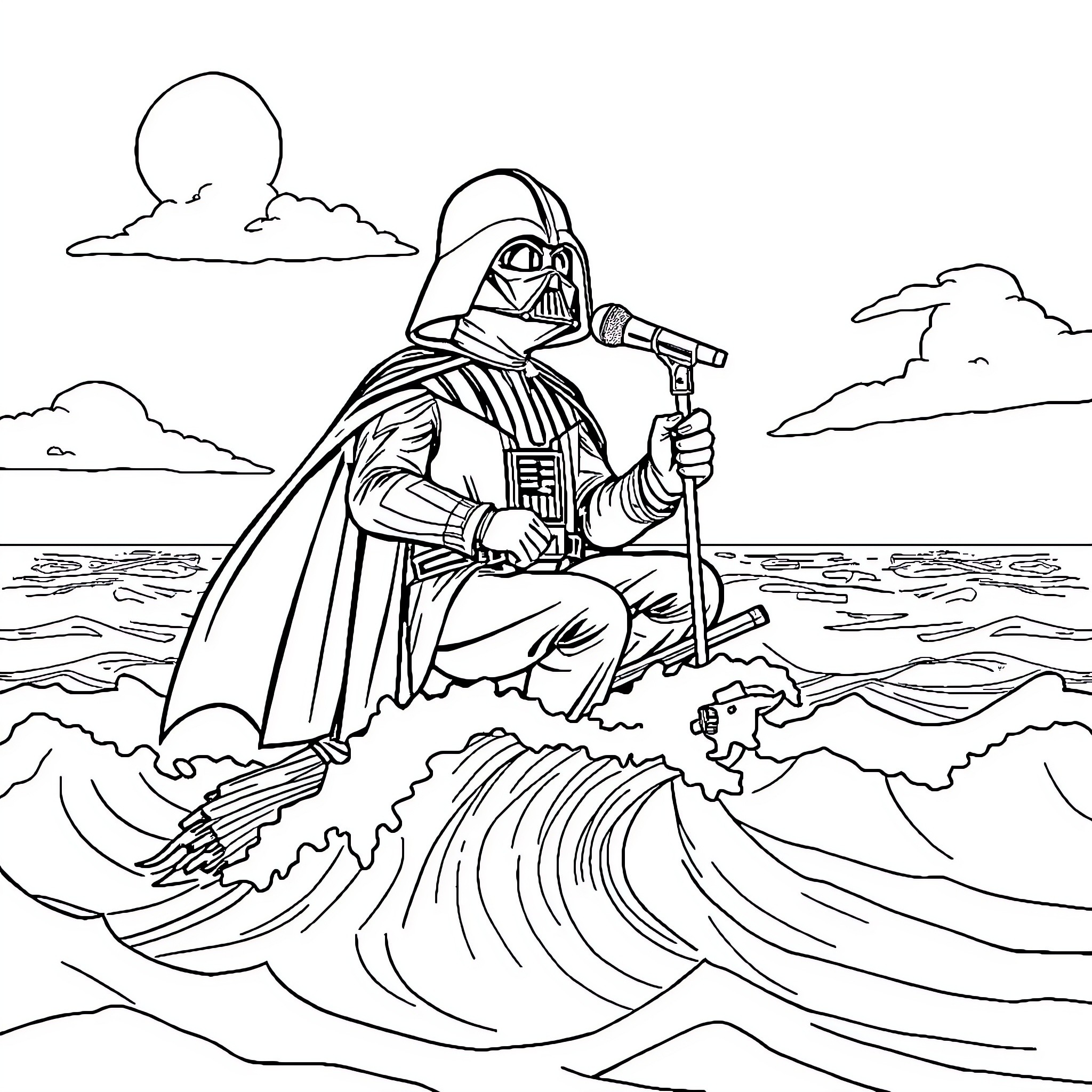 Darth Vader Wielding Lightsaber Amid Stormy Seas Coloring Page (free black-and-white line drawing printable PDF for all, from beginners to advanced learners, including children, teens, adults, and seniors)