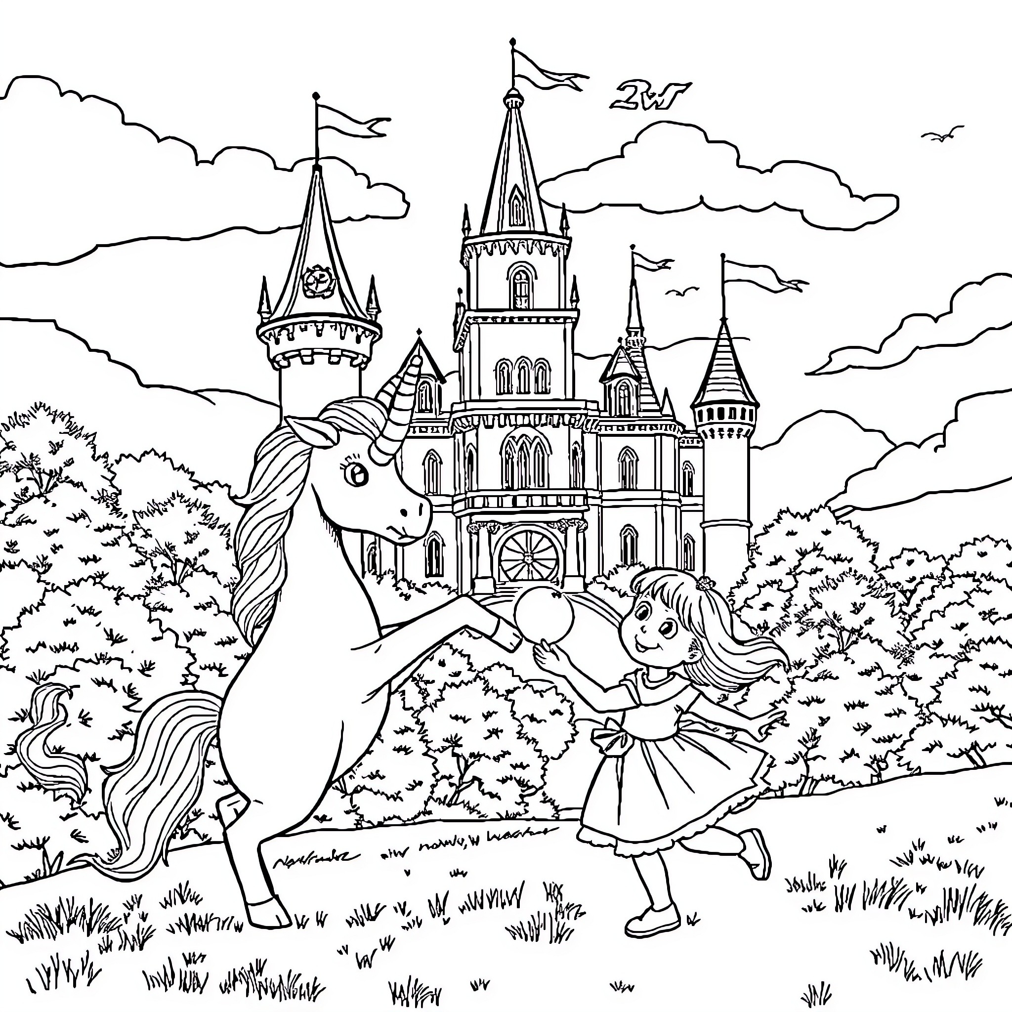 Einhorn and girl exploring a magical castle Coloring Page (free black-and-white line drawing printable PDF for all, from beginners to advanced learners, including children, teens, adults, and seniors)