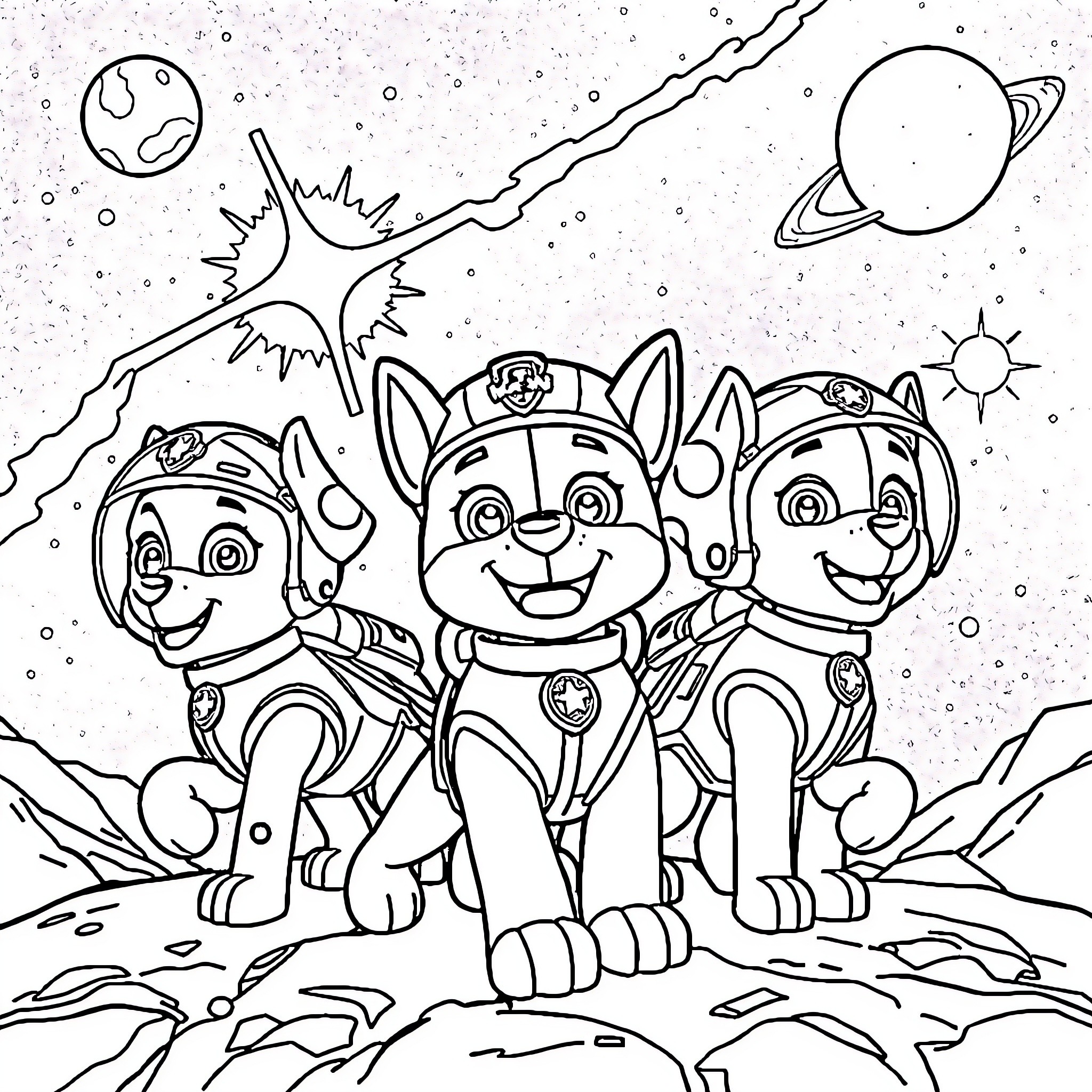 Paw Patrol Explore the Outer Space Coloring Page (free black-and-white line drawing printable PDF for all, from beginners to advanced learners, including children, teens, adults, and seniors)
