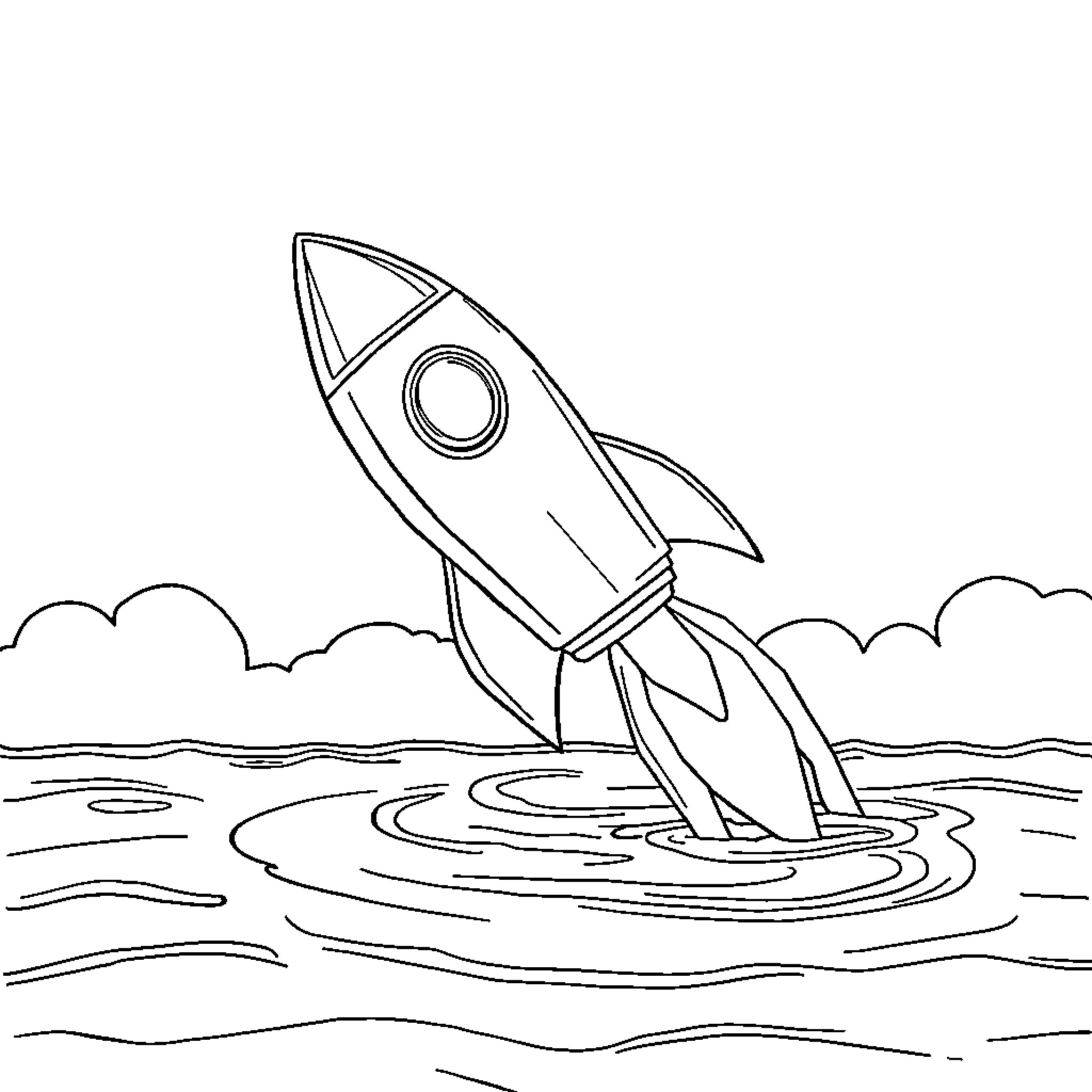 Rocket taking off from water Coloring Page (free black-and-white line drawing printable PDF for all, from beginners to advanced learners, including children, teens, adults, and seniors)