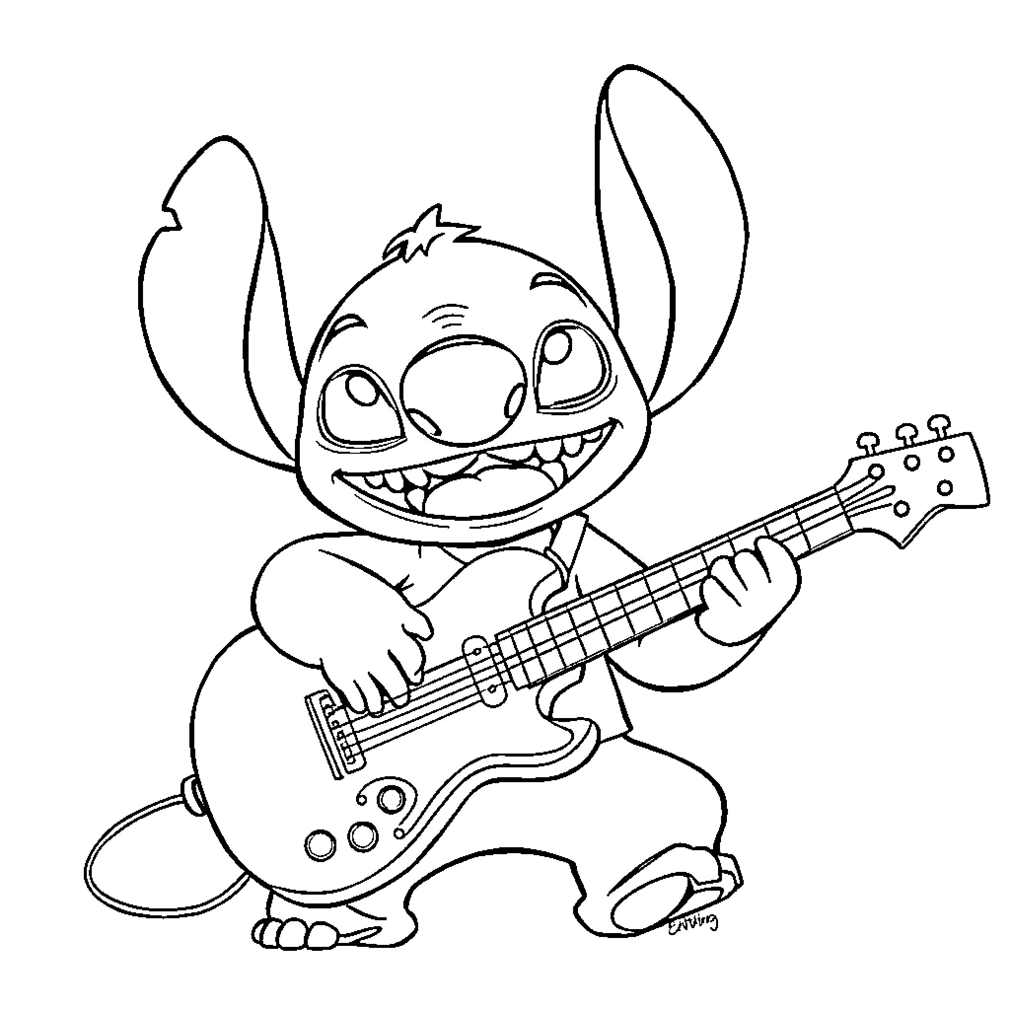 STICHT Playful Alien Strumming Guitar Coloring Page (free black-and-white line drawing printable PDF for all, from beginners to advanced learners, including children, teens, adults, and seniors)