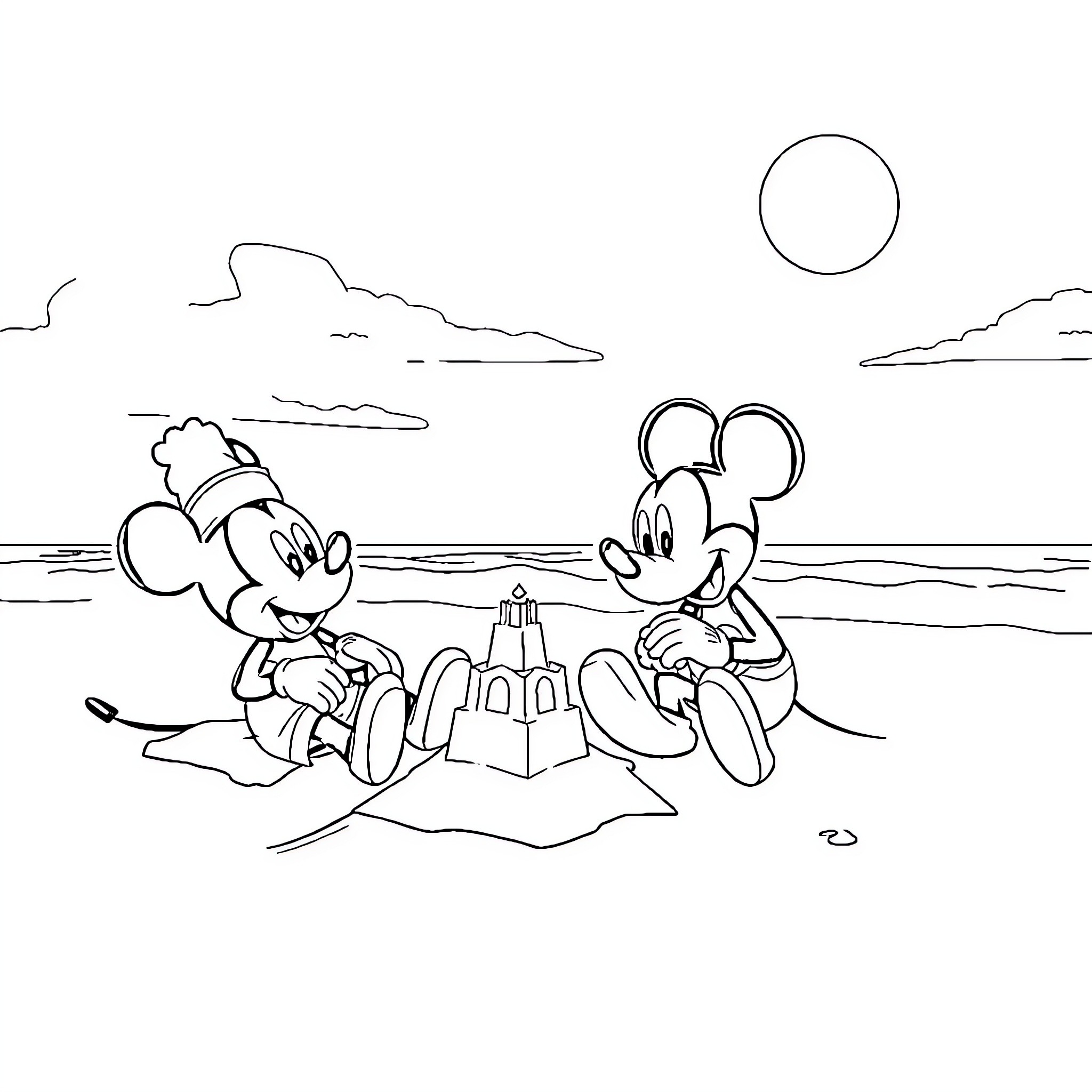 Mickey and Minnie building sandcastles on the beach Coloring Page (free black-and-white line drawing printable PDF for all, from beginners to advanced learners, including children, teens, adults, and seniors)