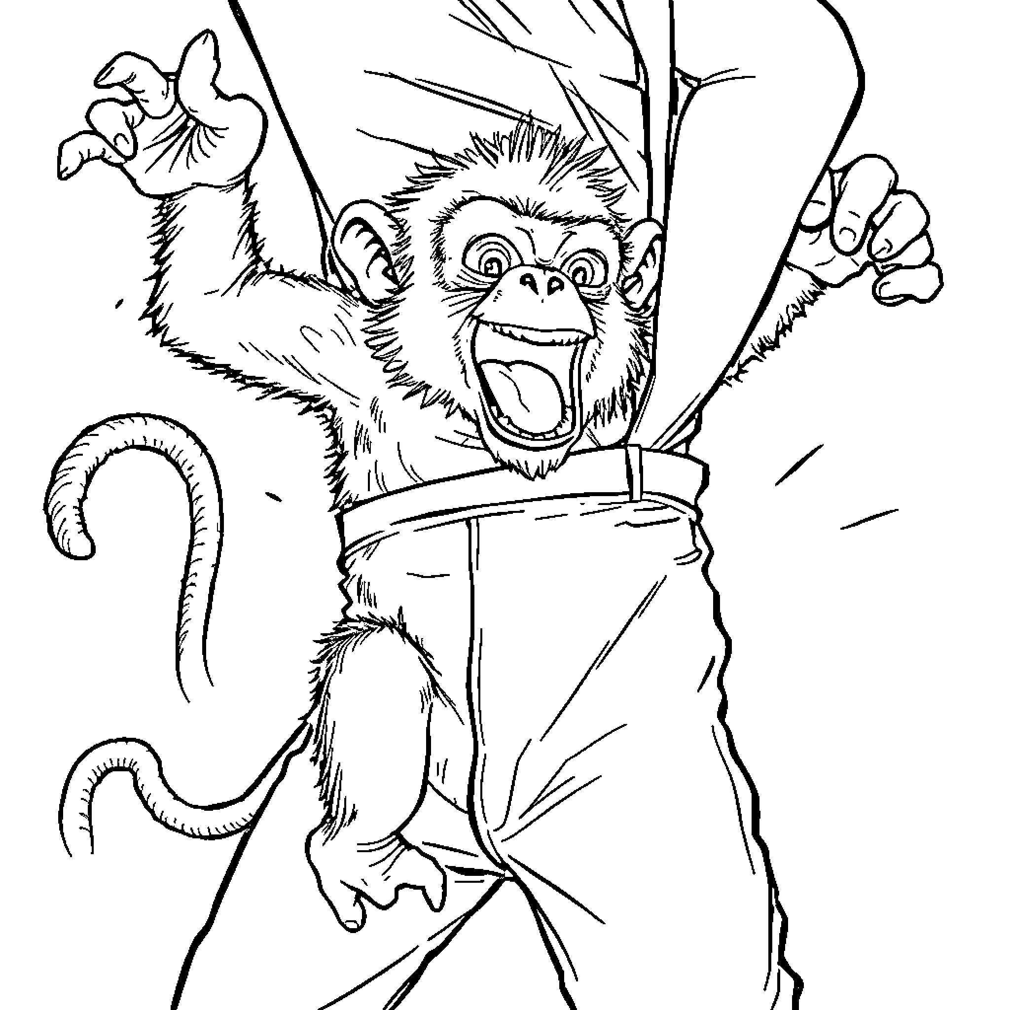 Monkey playing joyfully with a large bag Coloring Page (free black-and-white line drawing printable PDF for all, from beginners to advanced learners, including children, teens, adults, and seniors)