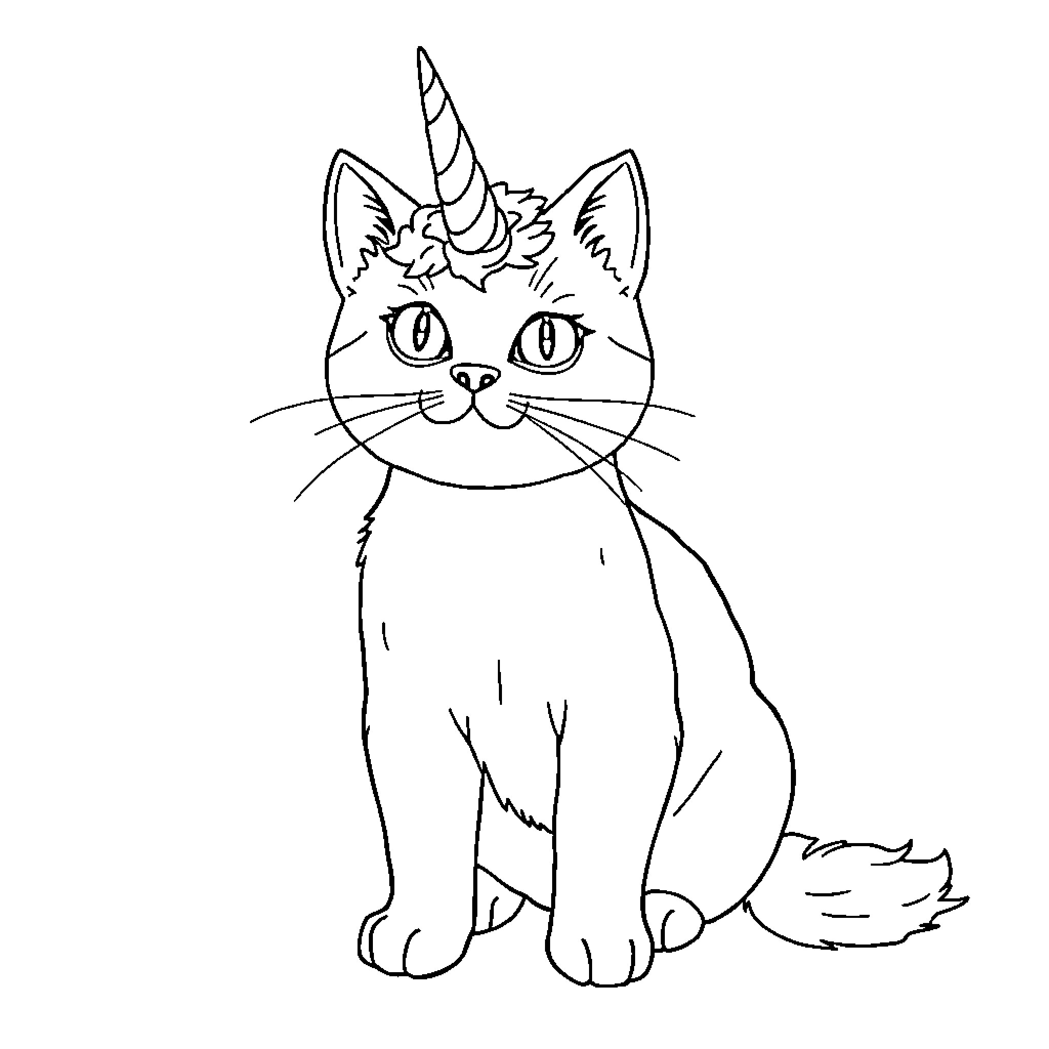 Unicorn Cat with Whimsical Expression Coloring Page (free black-and-white line drawing printable PDF for all, from beginners to advanced learners, including children, teens, adults, and seniors)