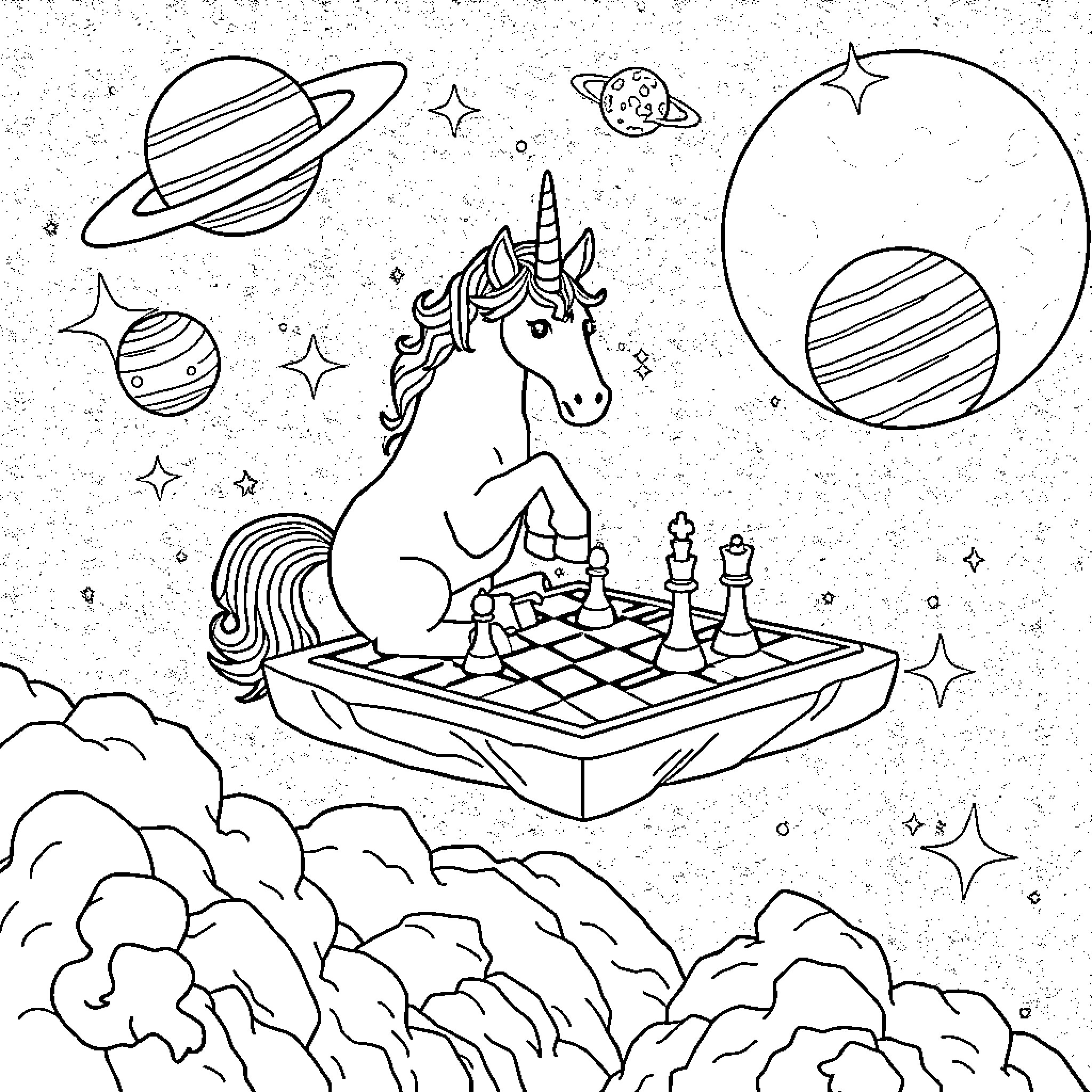 Unicorn Playing Celestial Chess in Cosmic Wonderland Coloring Page (free black-and-white line drawing printable PDF for all, from beginners to advanced learners, including children, teens, adults, and seniors)