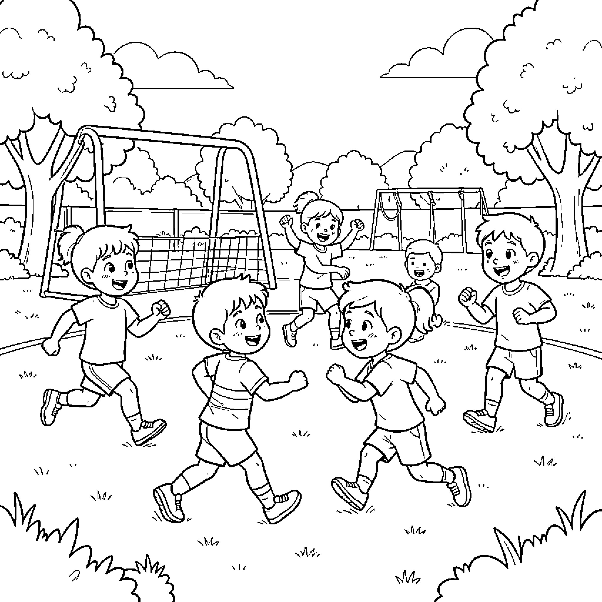 Childen running and playing joyfully in the park Coloring Page (free black-and-white line drawing printable PDF for all, from beginners to advanced learners, including children, teens, adults, and seniors)
