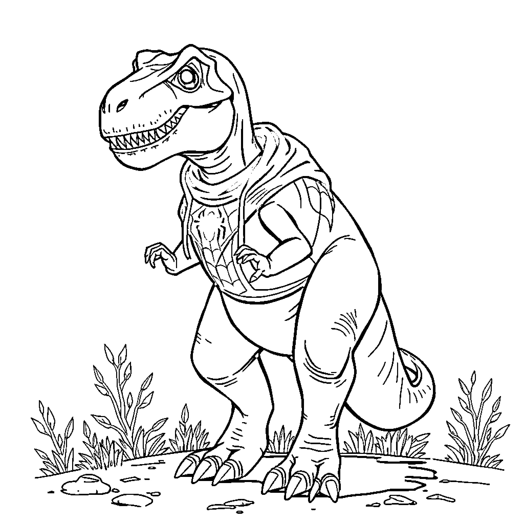 Dinosaur standing proudly in prehistoric landscape Coloring Page (free black-and-white line drawing printable PDF for all, from beginners to advanced learners, including children, teens, adults, and seniors)