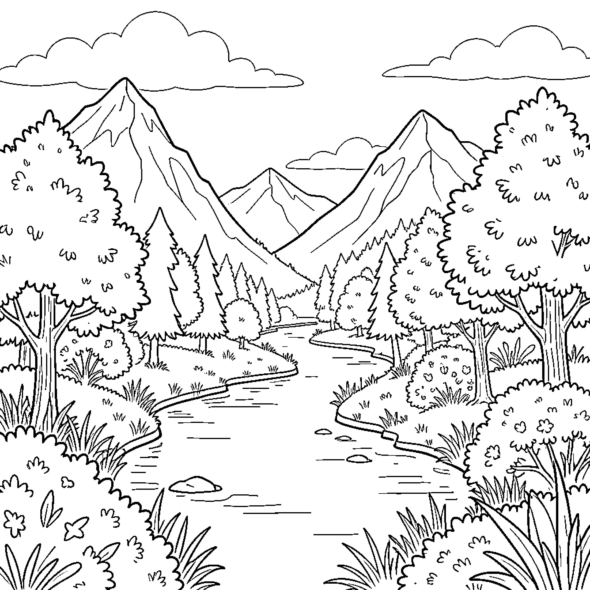 Nature landscape featuring mountains, trees, and a flowing river Coloring Page (free black-and-white line drawing printable PDF for all, from beginners to advanced learners, including children, teens, adults, and seniors)
