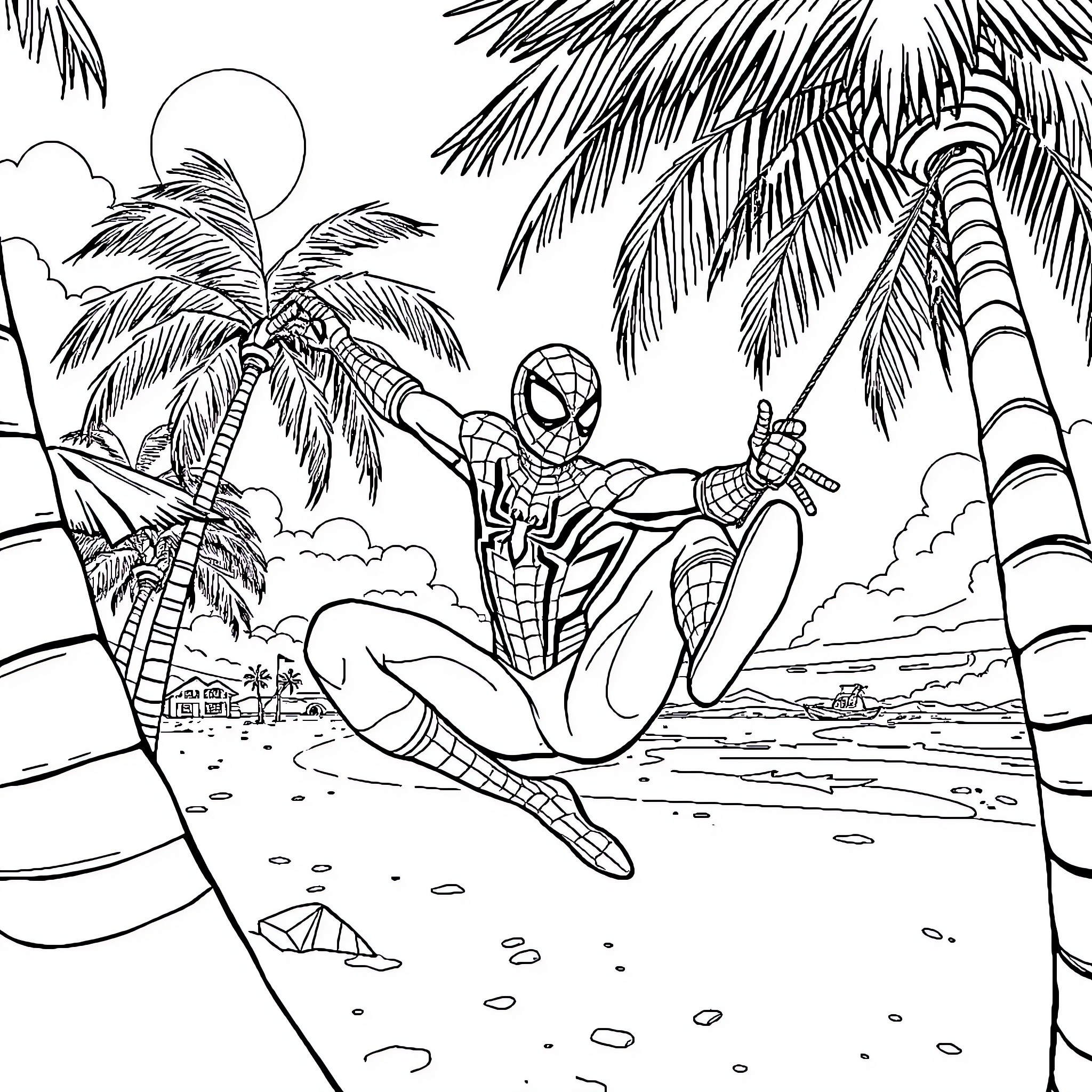 Spiderman swinging through the tropical paradise Coloring Page (free black-and-white line drawing printable PDF for all, from beginners to advanced learners, including children, teens, adults, and seniors)