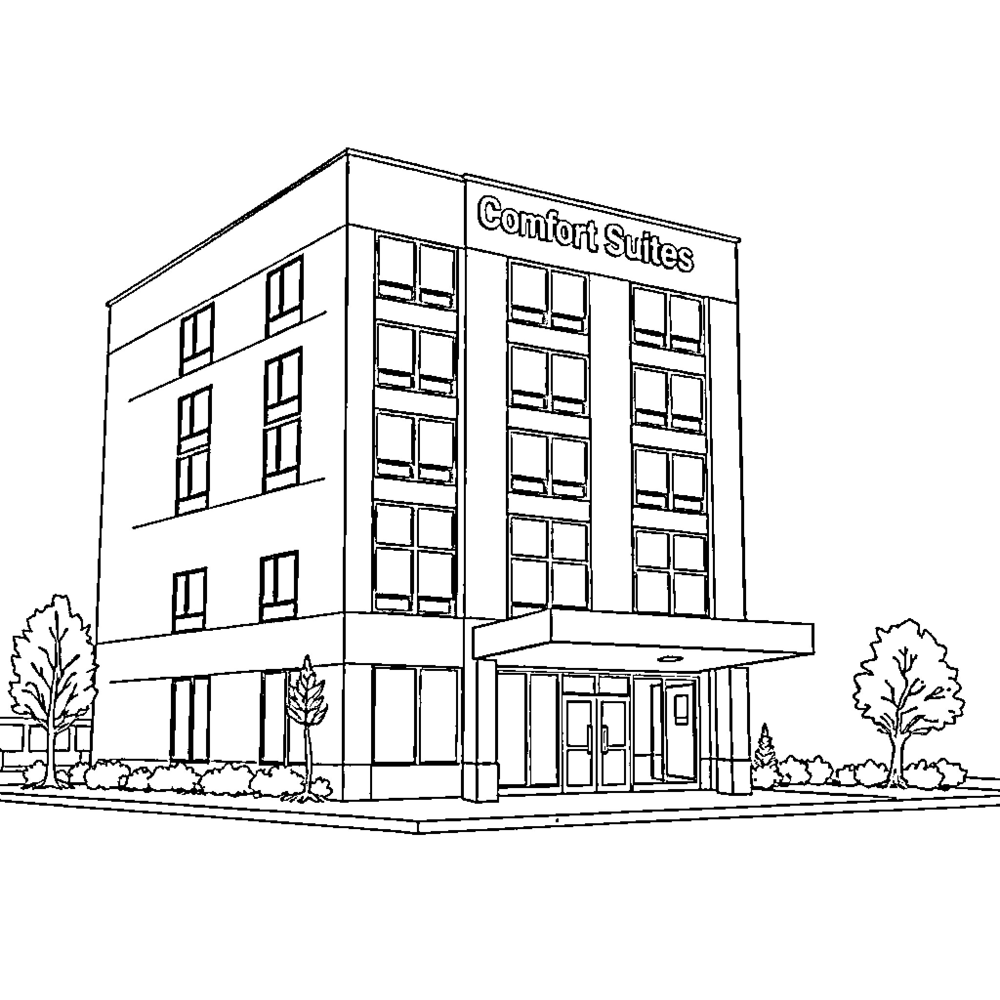 Hotel with Comfort Suites Signage Coloring Page (free black-and-white line drawing printable PDF for all, from beginners to advanced learners, including children, teens, adults, and seniors)