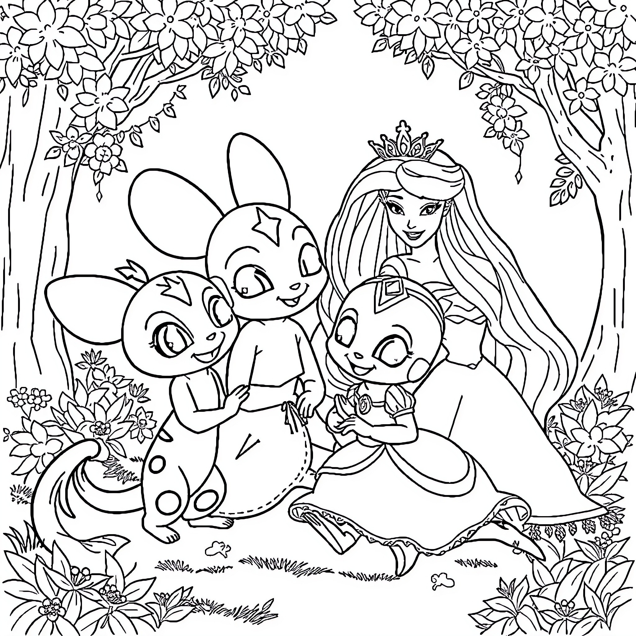 Paw Patrol characters in a whimsical forest setting Coloring Page (free black-and-white line drawing printable PDF for all, from beginners to advanced learners, including children, teens, adults, and seniors)