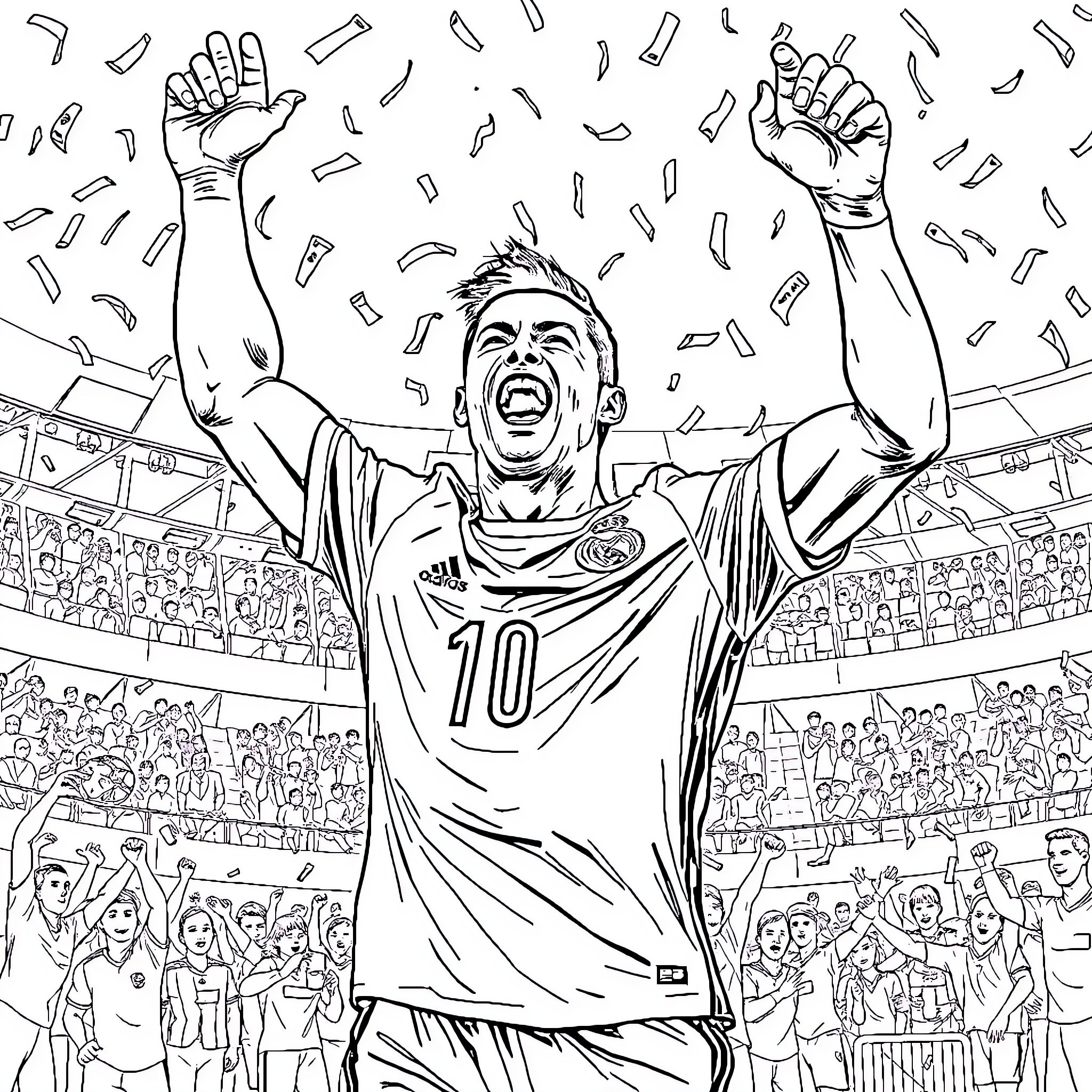 Cristiano Ronaldo celebrating victory on the field Coloring Page (free black-and-white line drawing printable PDF for all, from beginners to advanced learners, including children, teens, adults, and seniors)