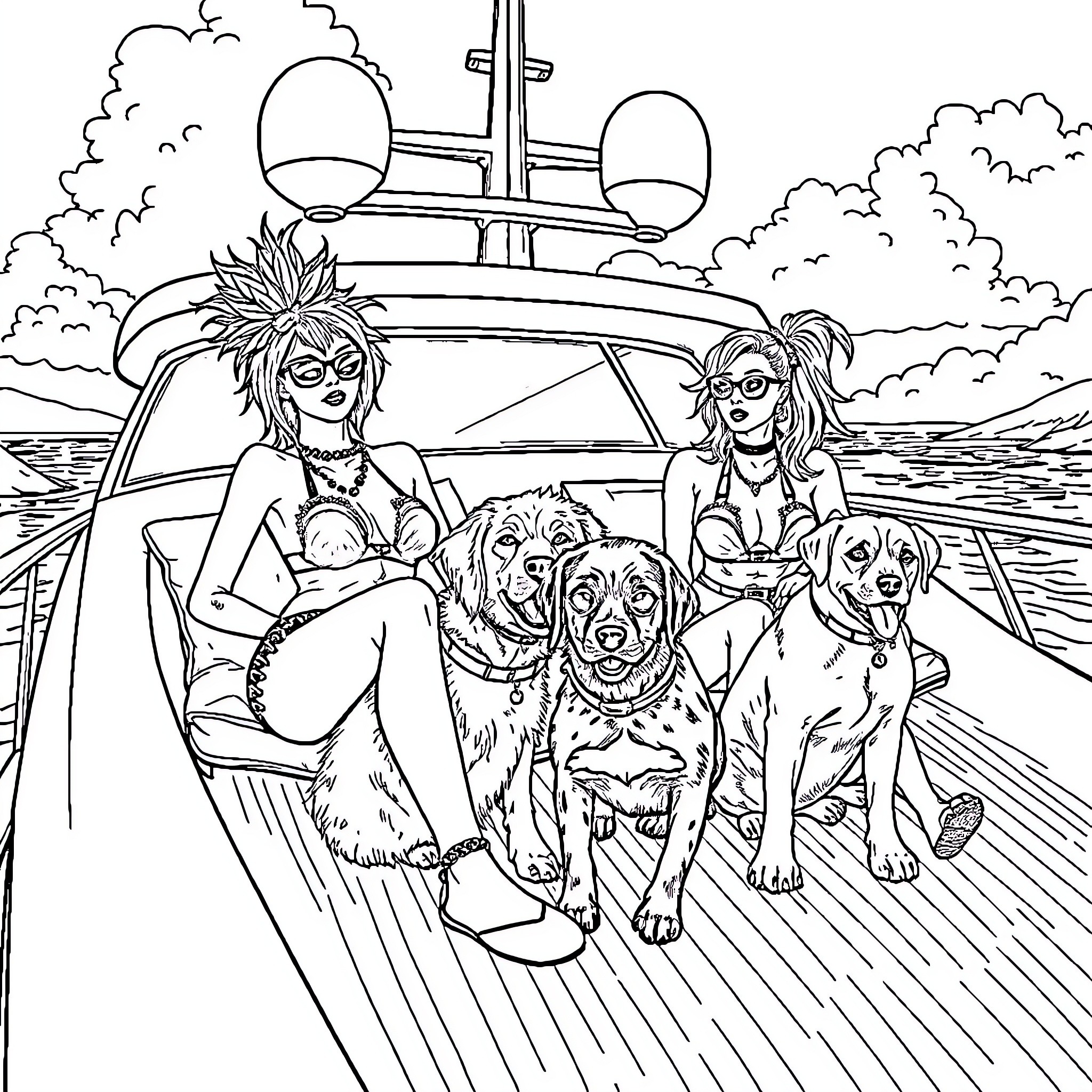 Woman and her dogs enjoying a boat ride in nature Coloring Page (free black-and-white line drawing printable PDF for all, from beginners to advanced learners, including children, teens, adults, and seniors)