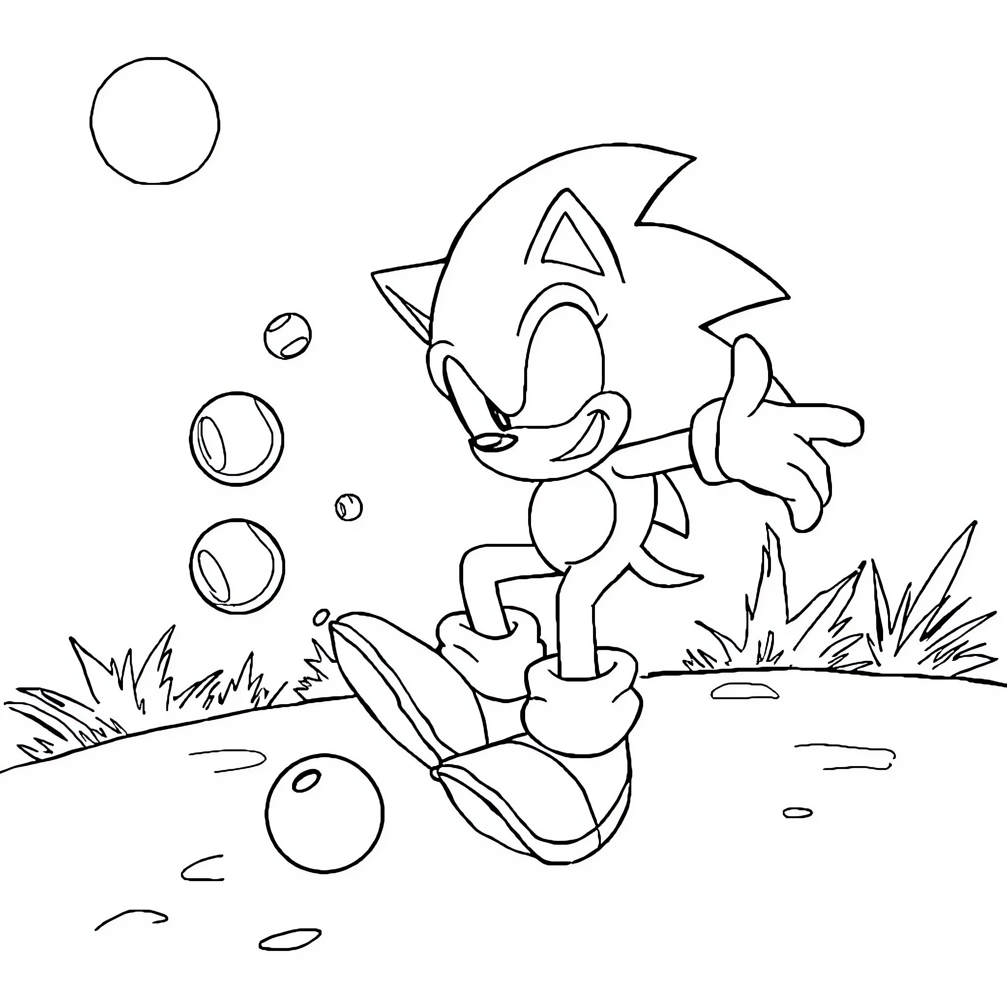 Sonic running playfully through a grassy field Coloring Page (free black-and-white line drawing printable PDF for all, from beginners to advanced learners, including children, teens, adults, and seniors)