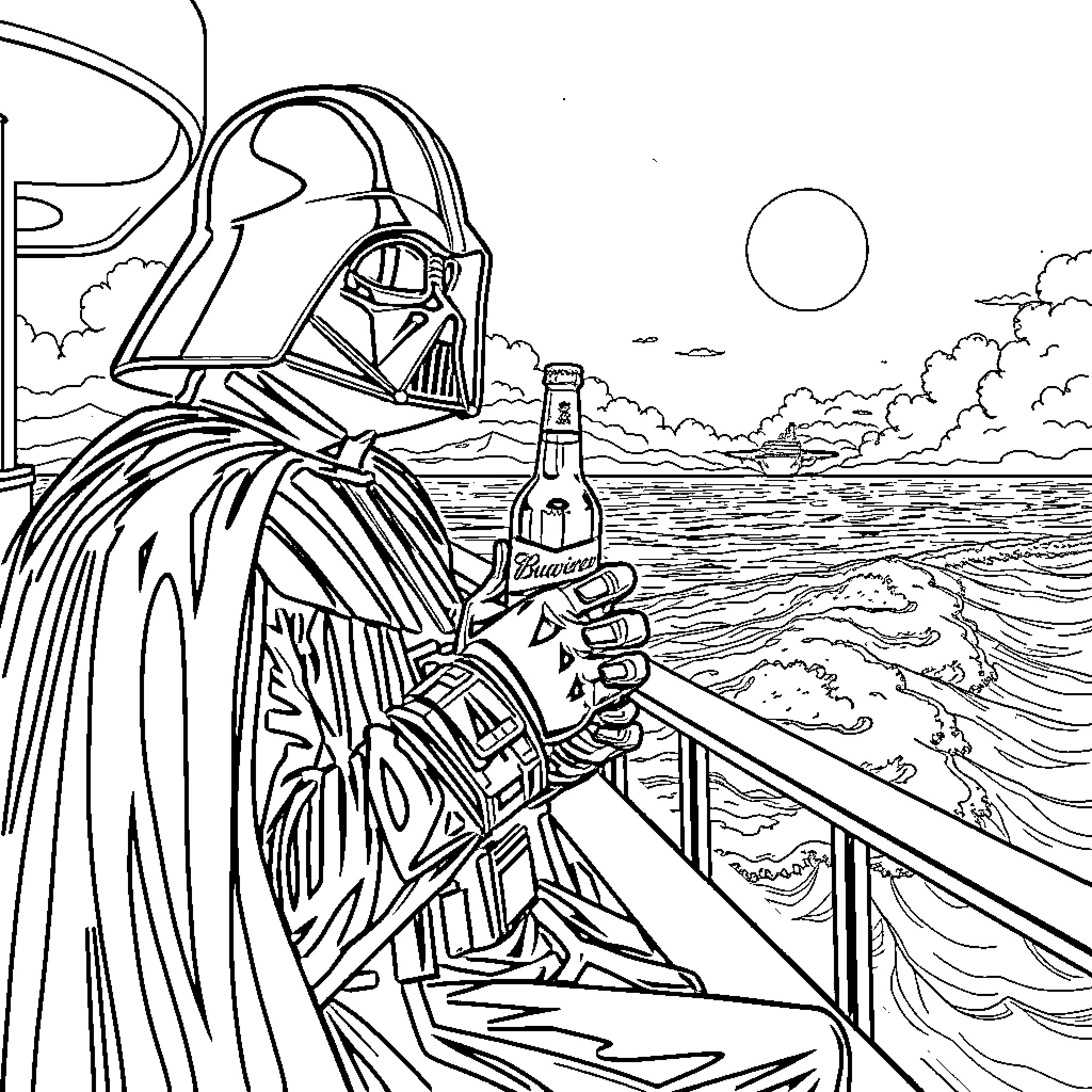 Darth Vader enjoying a drink at the ocean Coloring Page (free black-and-white line drawing printable PDF for all, from beginners to advanced learners, including children, teens, adults, and seniors)