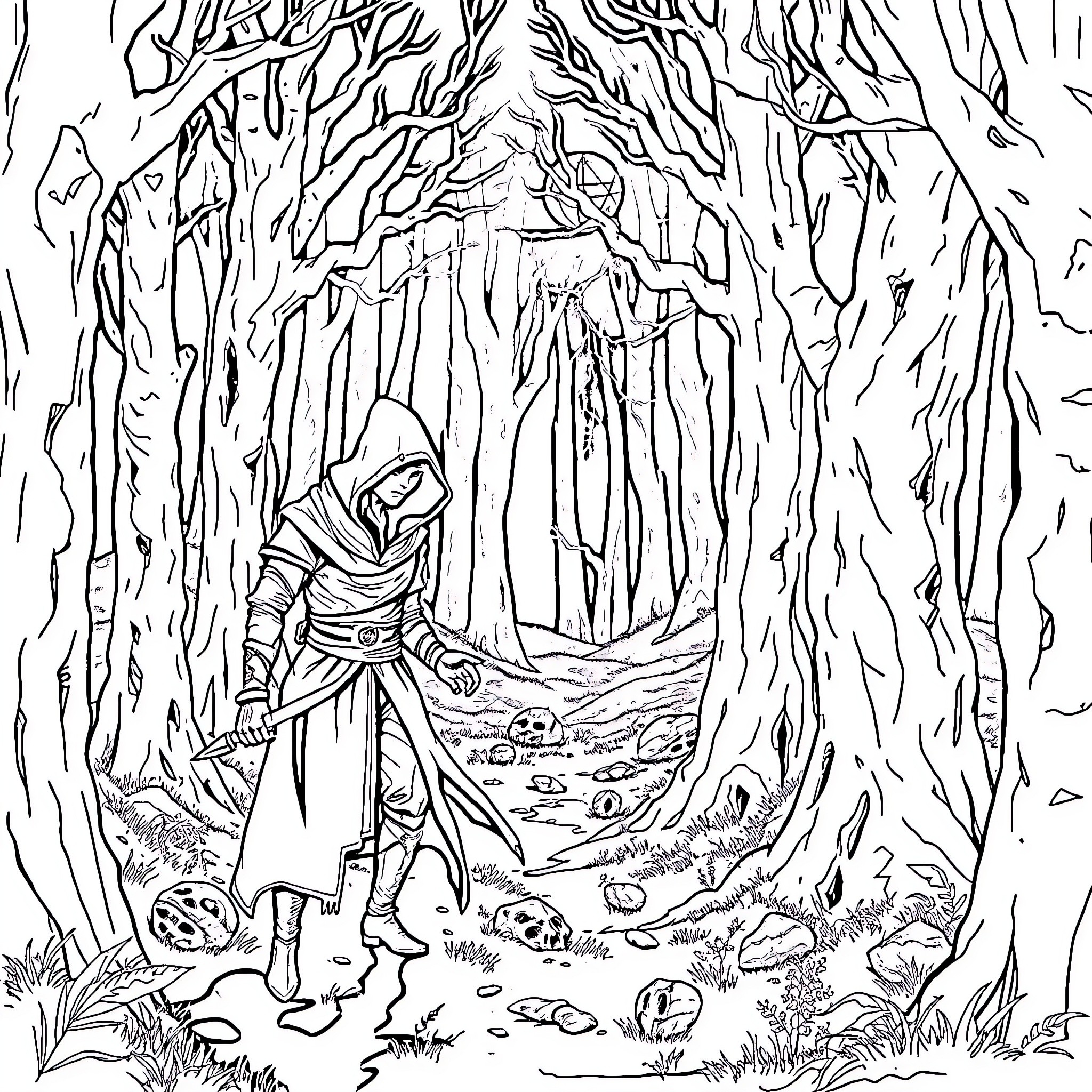 Assassin Stalking Through the Shadowy Forest Coloring Page (free black-and-white line drawing printable PDF for all, from beginners to advanced learners, including children, teens, adults, and seniors)