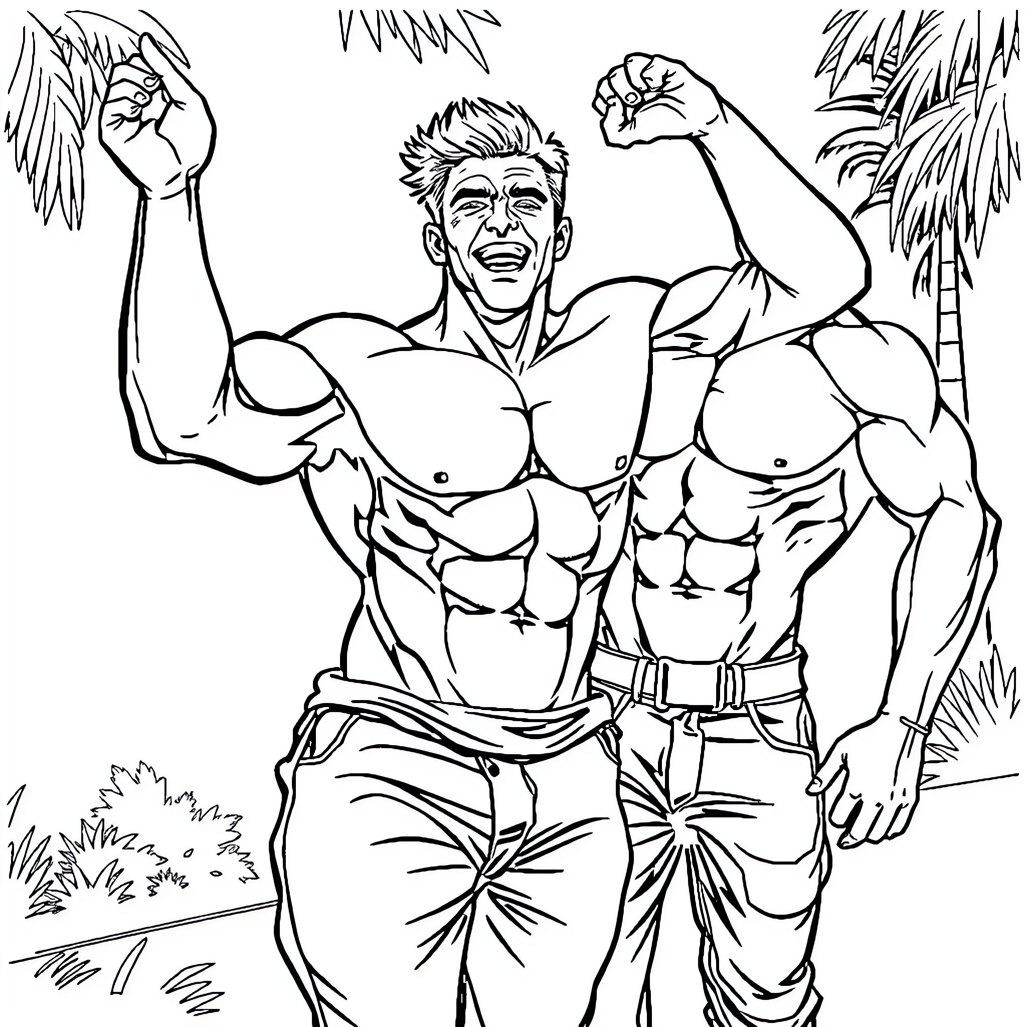 Guy flexing his muscular body outdoors Coloring Page (free black-and-white line drawing printable PDF for all, from beginners to advanced learners, including children, teens, adults, and seniors)