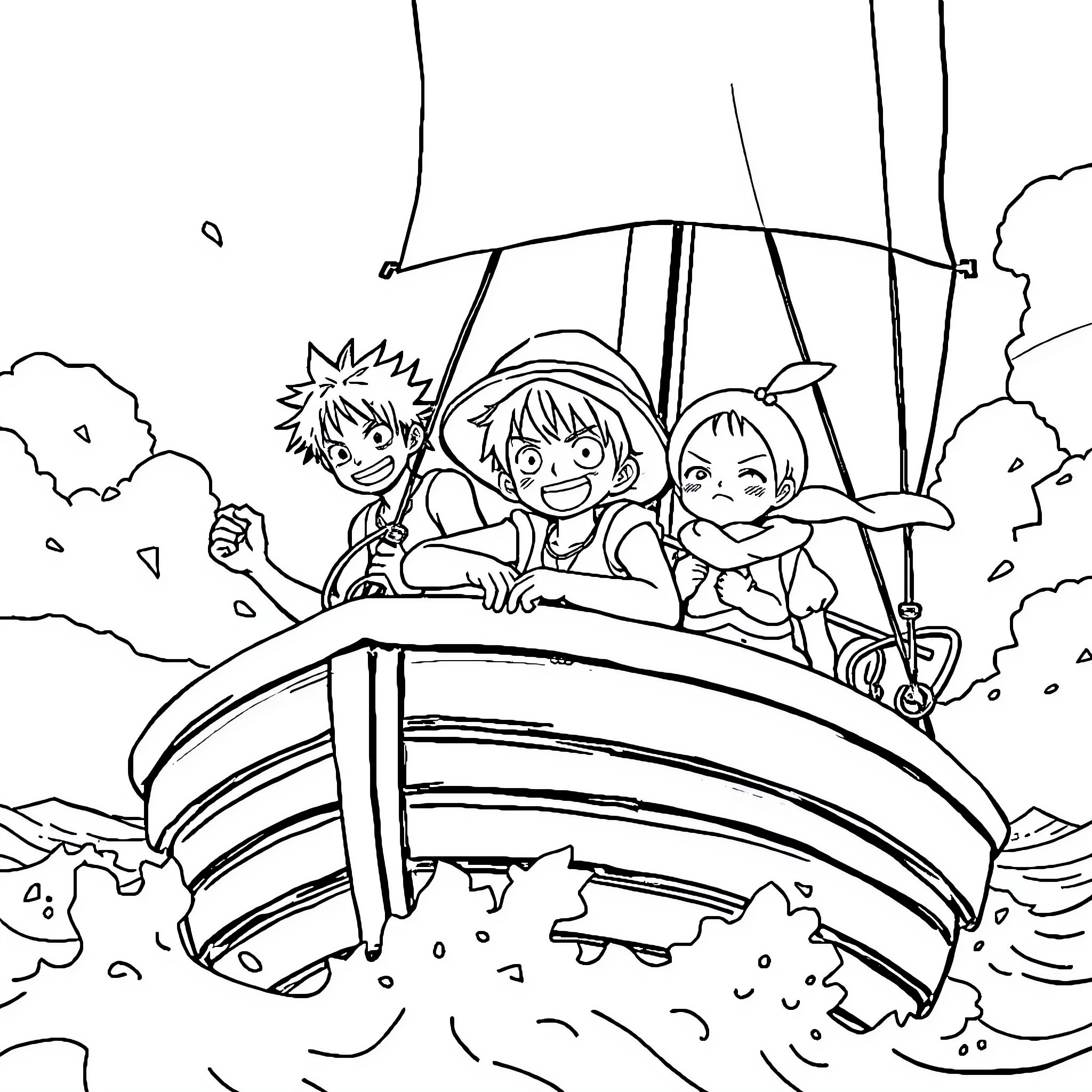 Zoro's Nautical Adventure with Friends Coloring Page (free black-and-white line drawing printable PDF for all, from beginners to advanced learners, including children, teens, adults, and seniors)