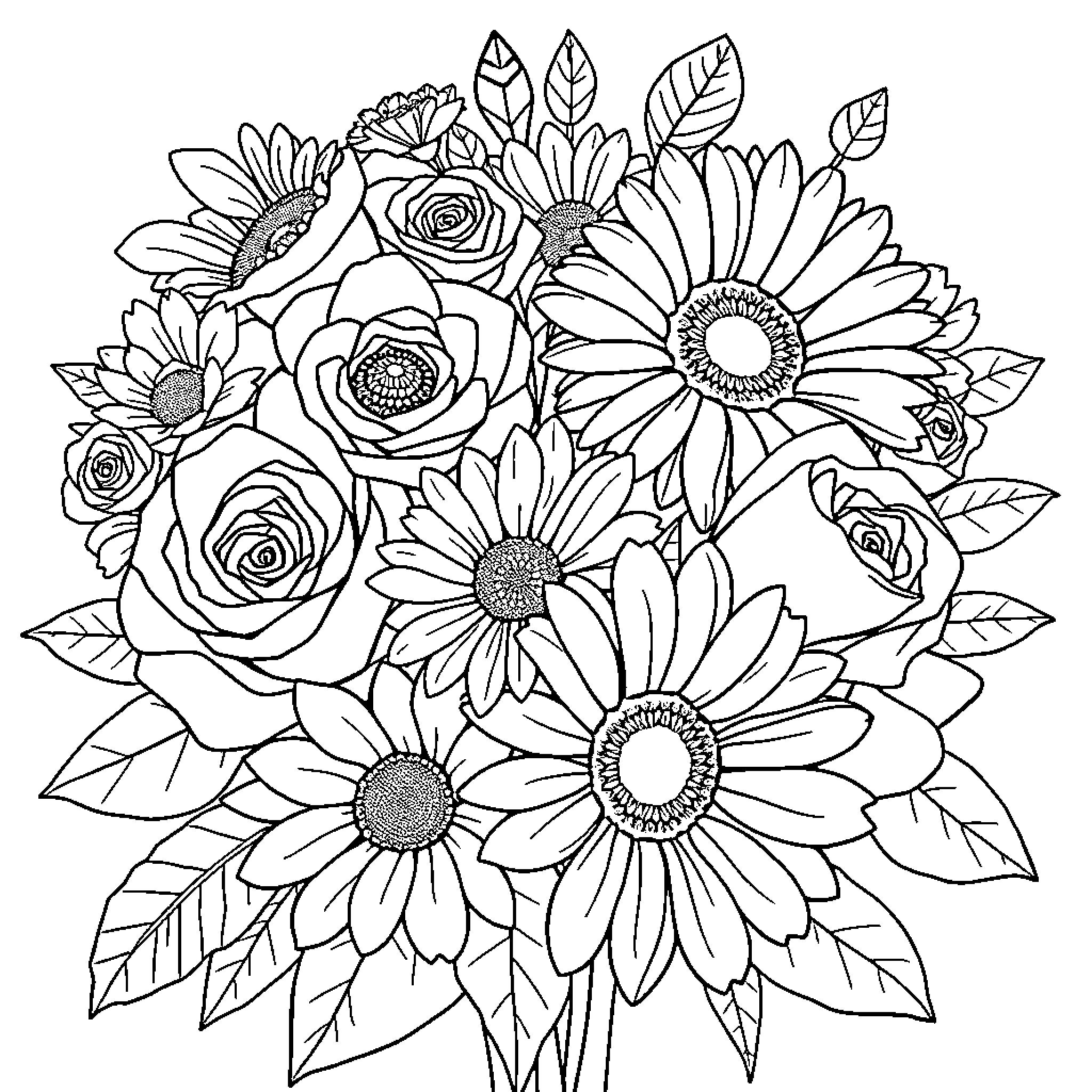 Flower Bouquet of Blooming Floral Arrangements Coloring Page (free black-and-white line drawing printable PDF for all, from beginners to advanced learners, including children, teens, adults, and seniors)