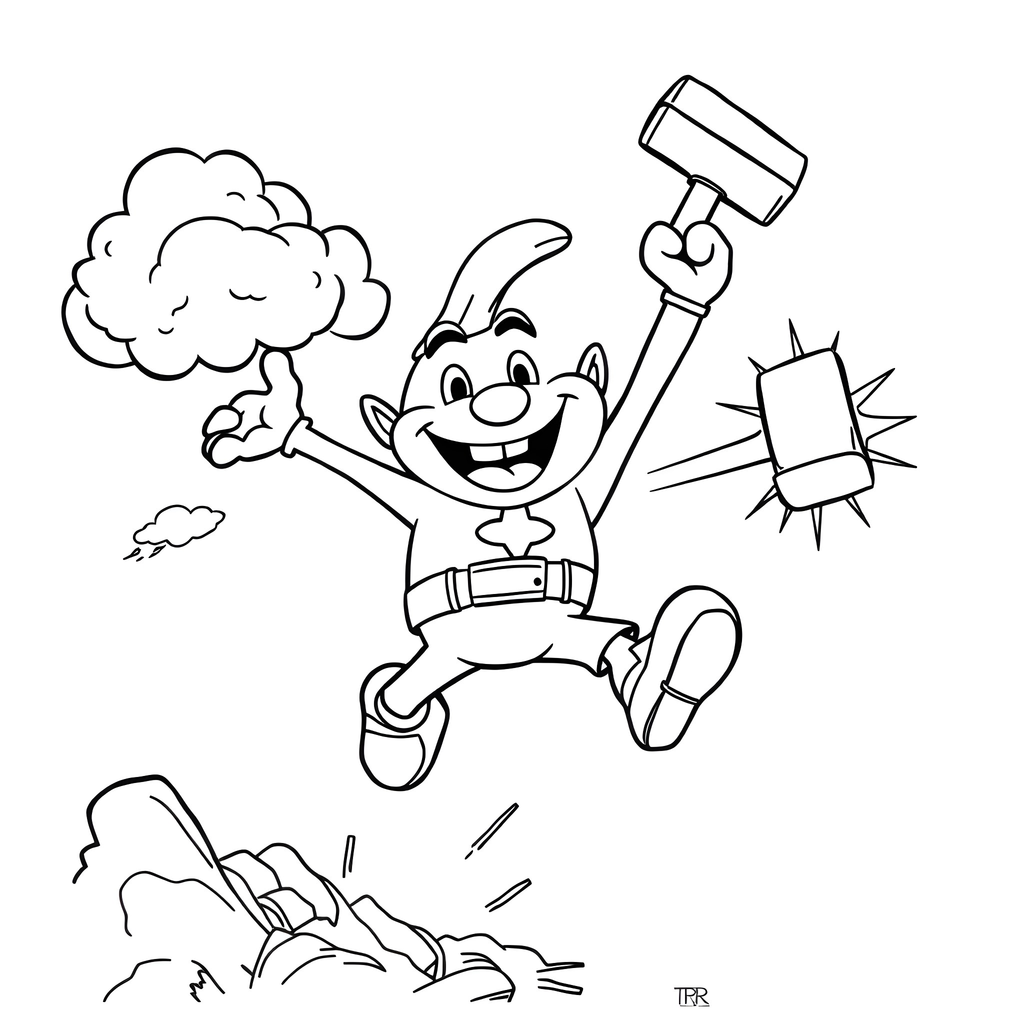 Chapulin jumping joyfully with hammer Coloring Page (free black-and-white line drawing printable PDF for all, from beginners to advanced learners, including children, teens, adults, and seniors)