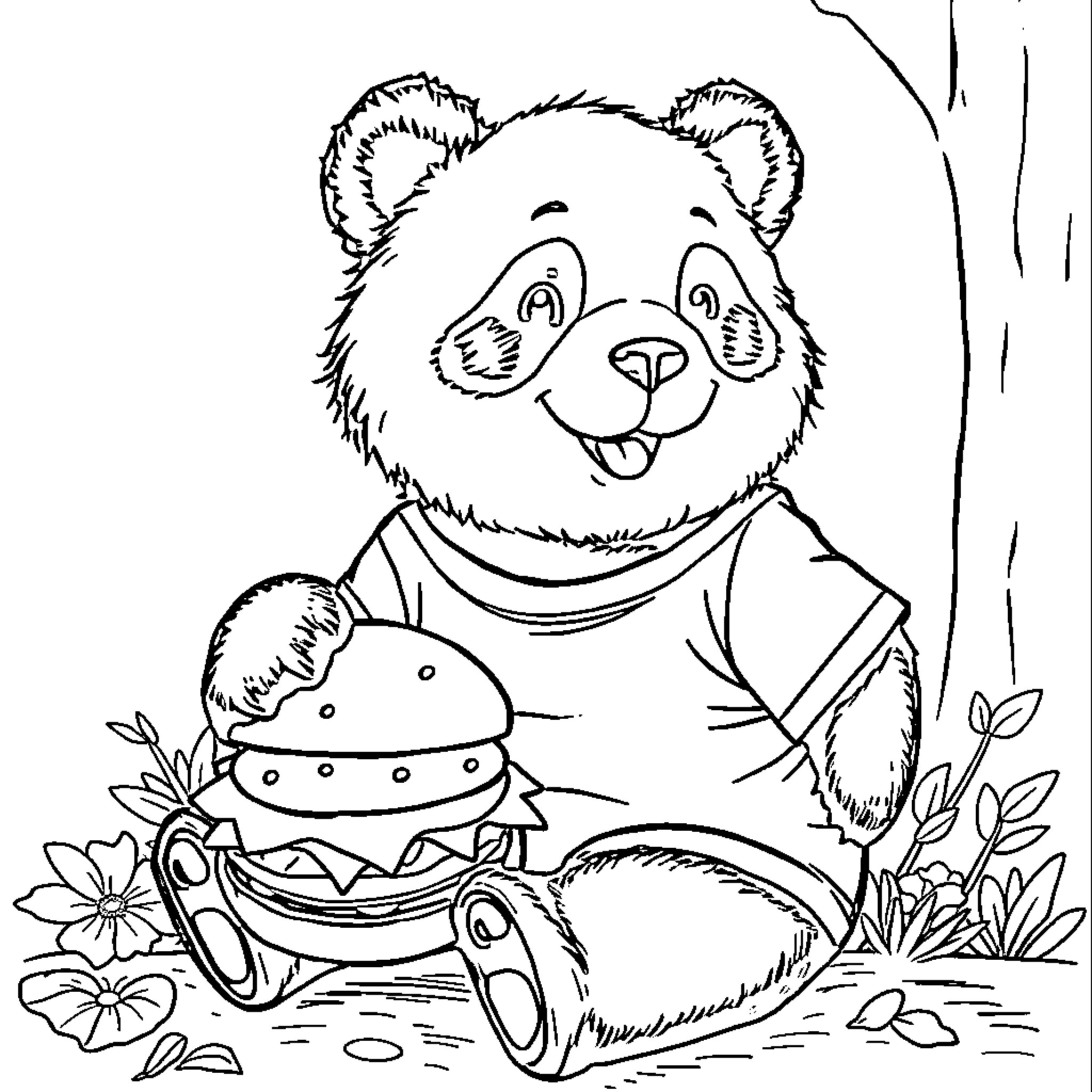 Panda enjoying picnic in the woods Coloring Page (free black-and-white line drawing printable PDF for all, from beginners to advanced learners, including children, teens, adults, and seniors)
