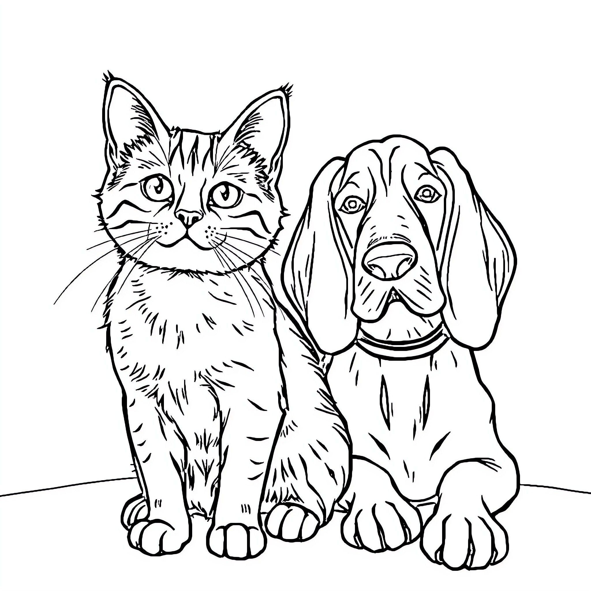 Cat and Dog Companions in Black and White Coloring Page (free black-and-white line drawing printable PDF for all, from beginners to advanced learners, including children, teens, adults, and seniors)