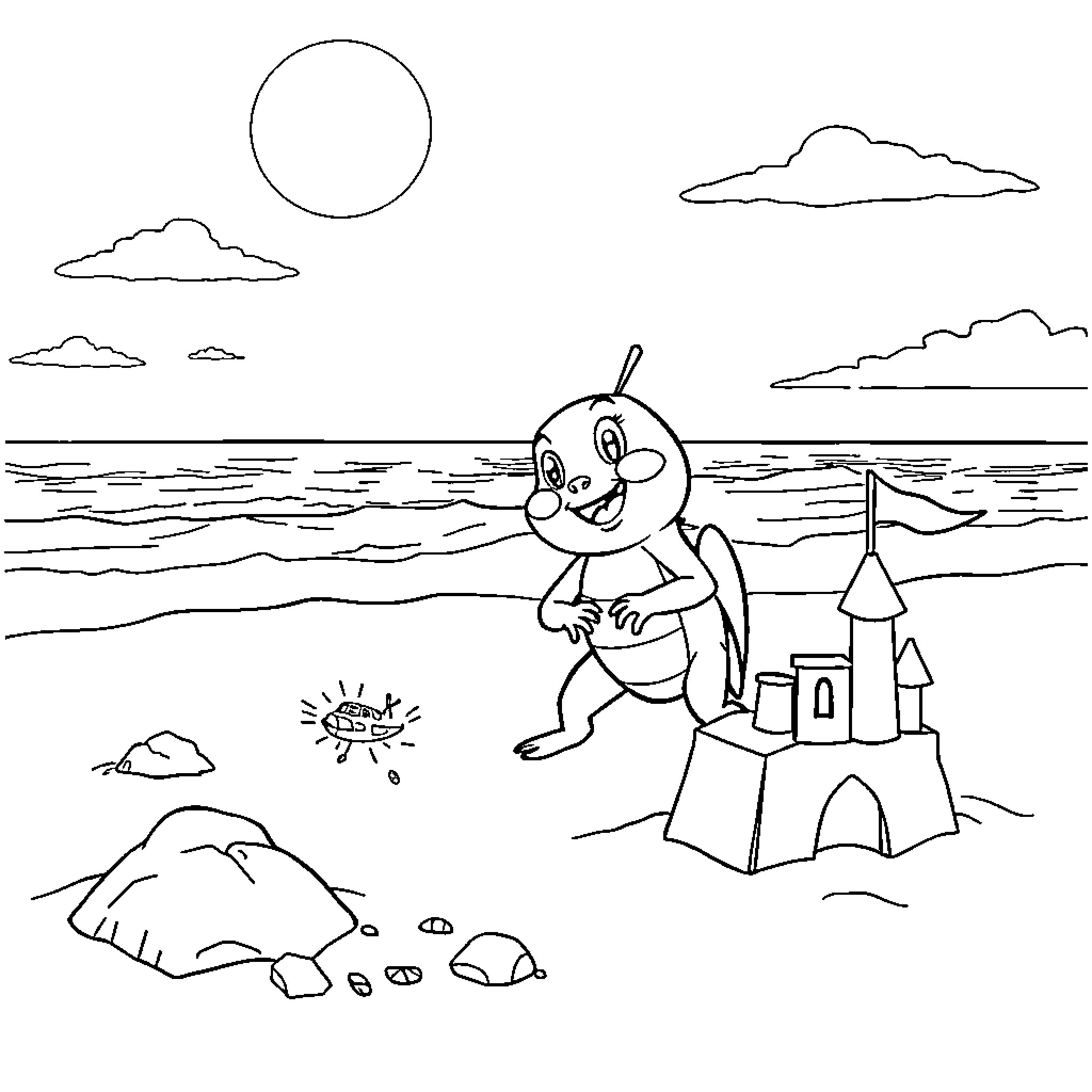 Pat enjoying a day at the beach with a sandcastle Coloring Page (free black-and-white line drawing printable PDF for all, from beginners to advanced learners, including children, teens, adults, and seniors)